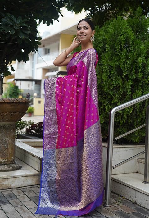 Beautiful Pink Banarasi Silk With Purple Zari  Broad Border Zari Butta Overall  Wrap in 1 minute saree