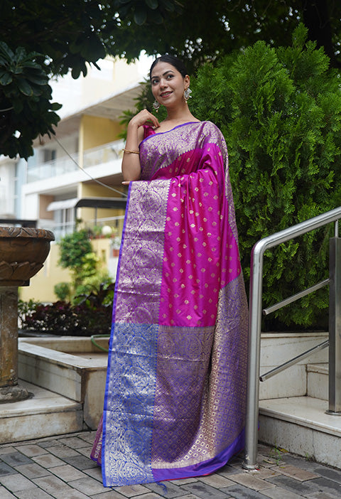 Beautiful Pink Banarasi Silk With Purple Zari  Broad Border Zari Butta Overall  Wrap in 1 minute saree