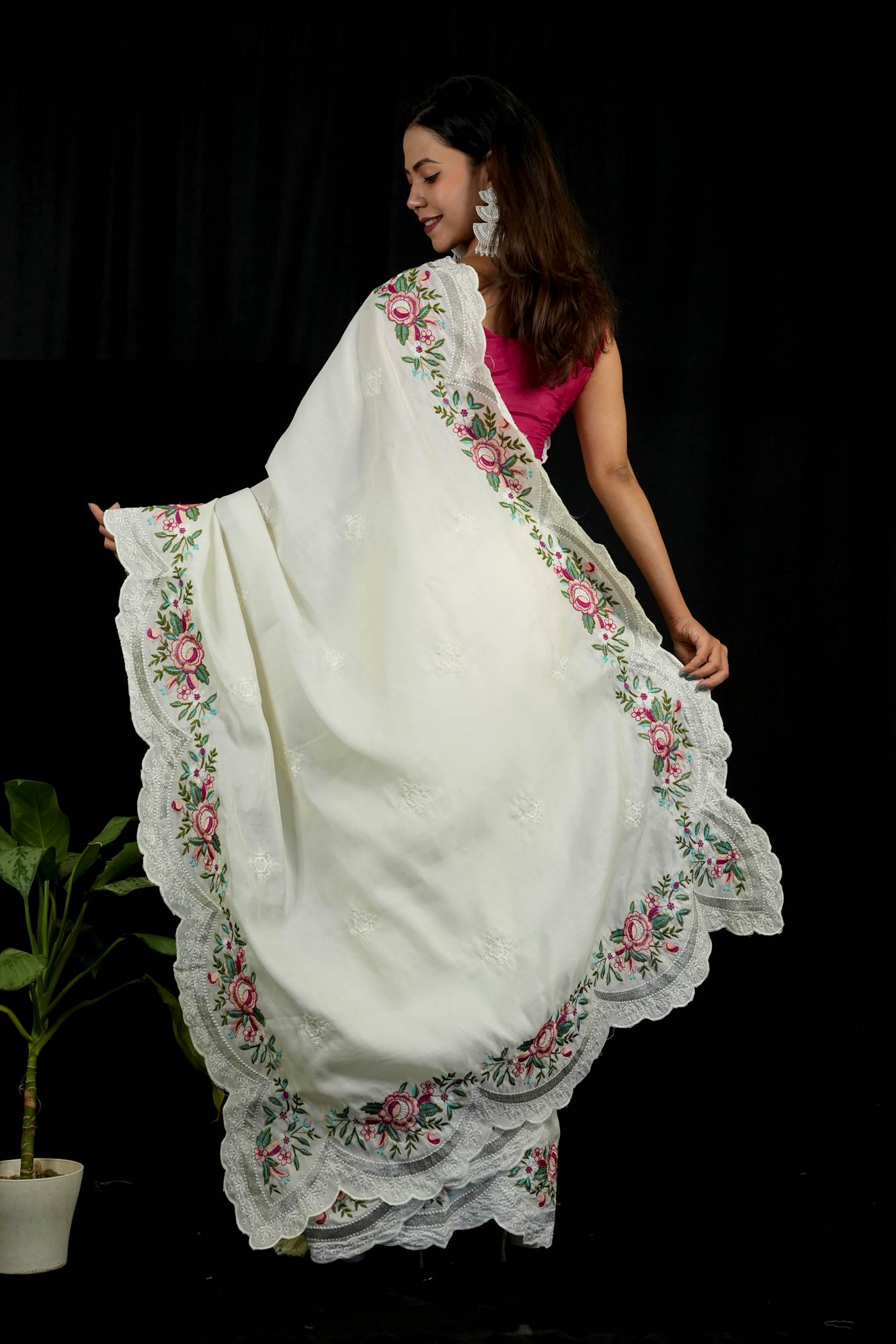 Chanderi with Floral Embroidery & Scalloped Cutwork Border Ready To Wear Saree