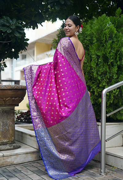 Beautiful Pink Banarasi Silk With Purple Zari  Broad Border Zari Butta Overall  Wrap in 1 minute saree