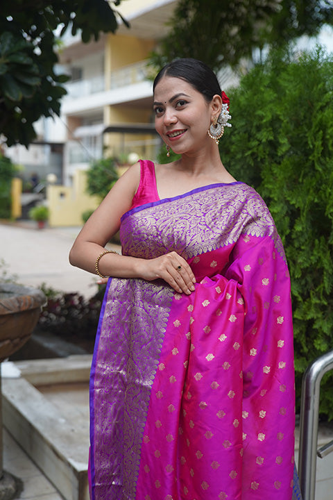 Beautiful Pink Banarasi Silk With Purple Zari  Broad Border Zari Butta Overall  Wrap in 1 minute saree