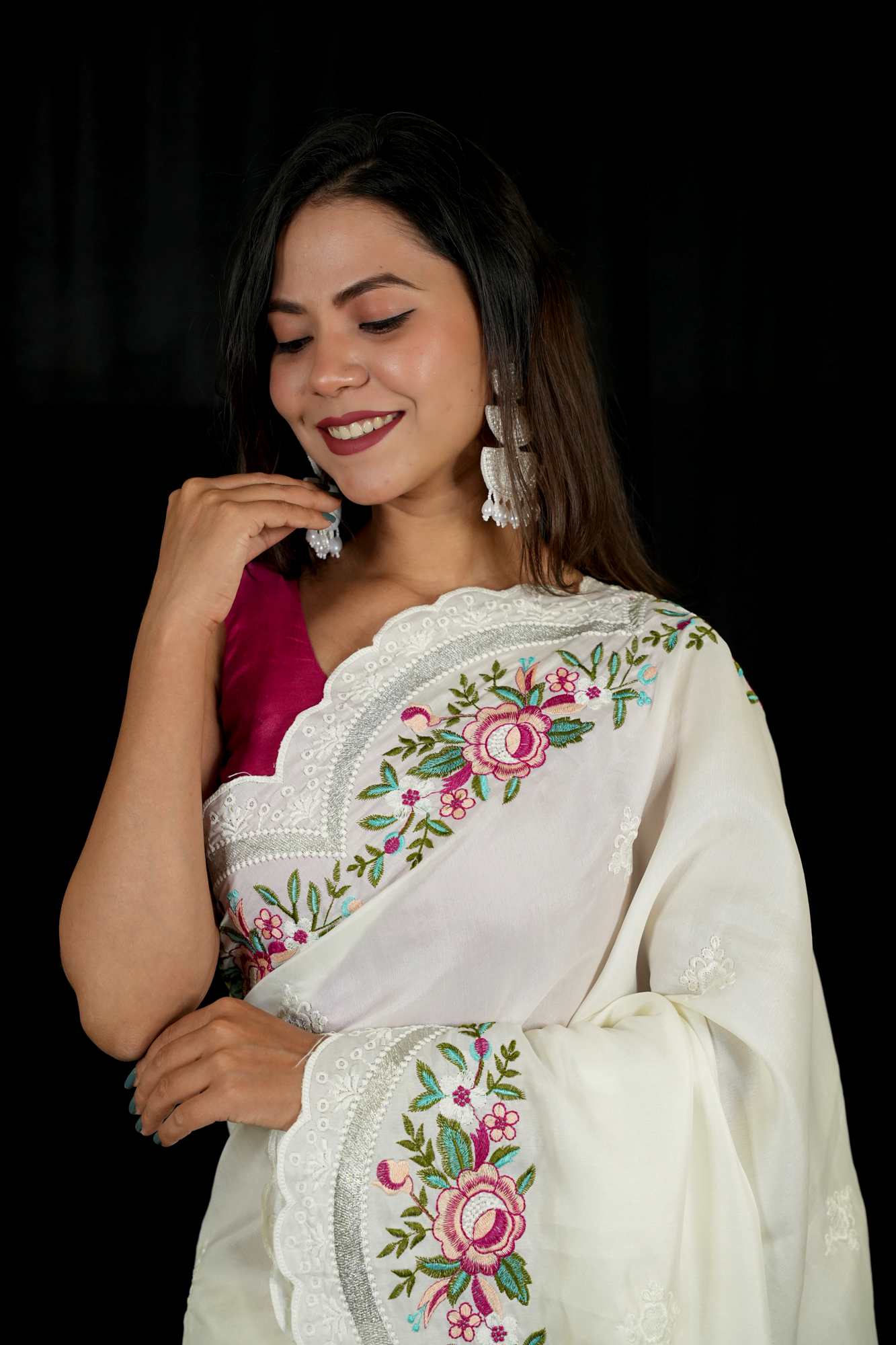 Chanderi with Floral Embroidery & Scalloped Cutwork Border Ready To Wear Saree