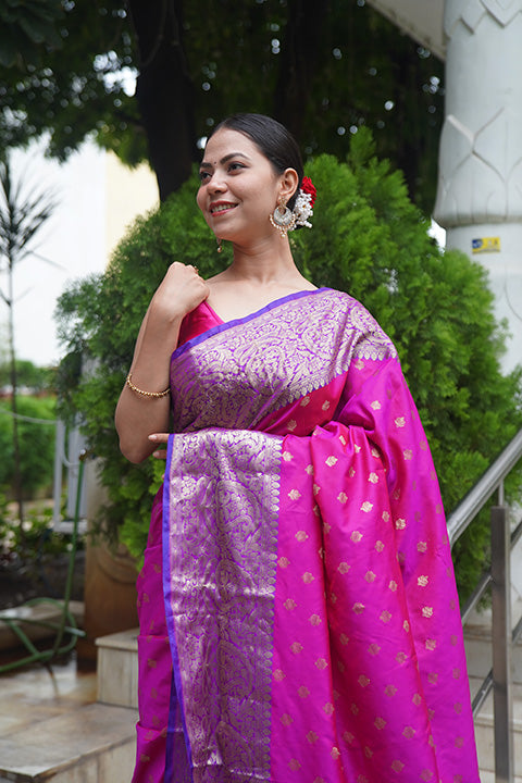 Beautiful Pink Banarasi Silk With Purple Zari  Broad Border Zari Butta Overall  Wrap in 1 minute saree