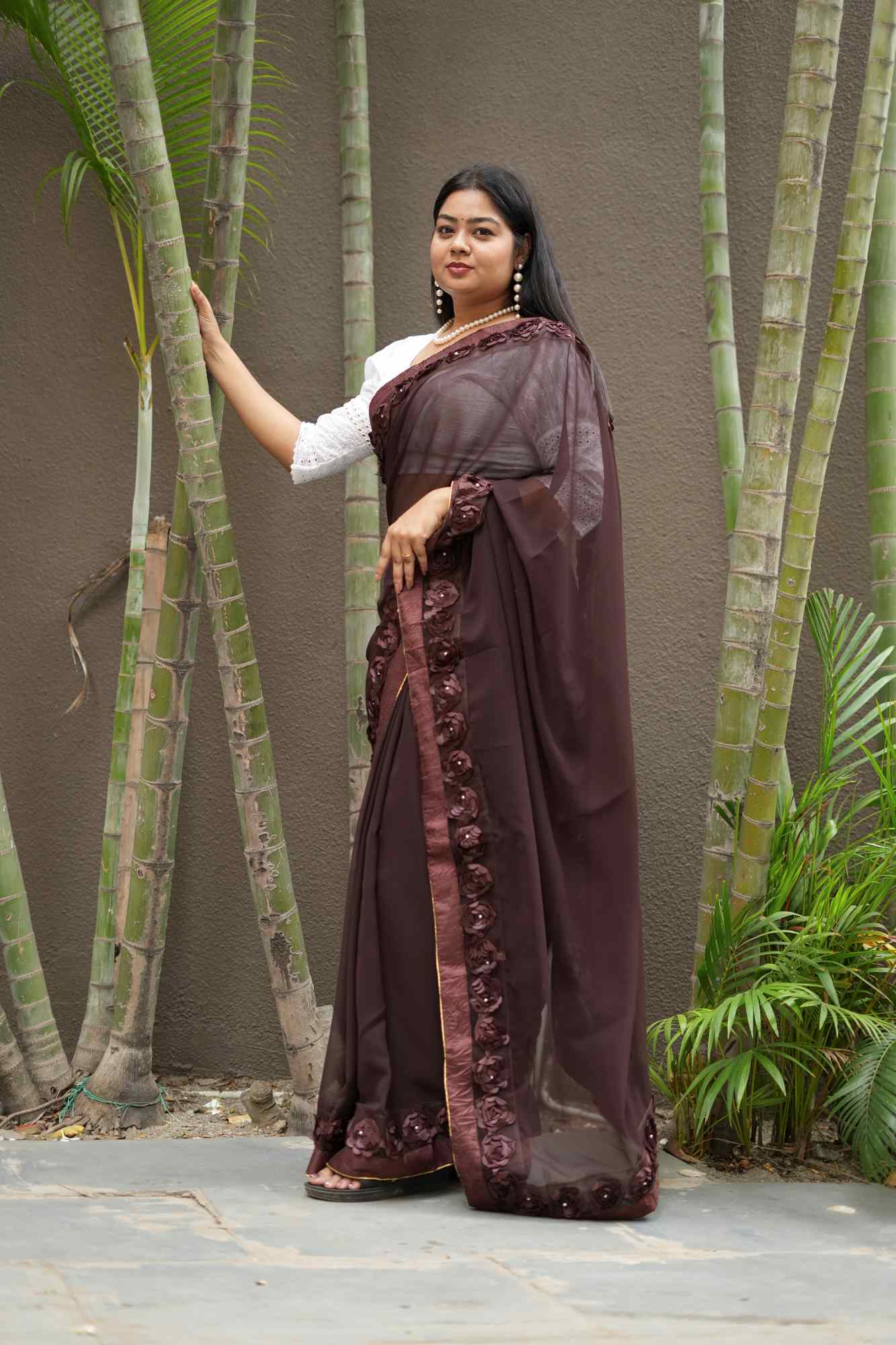 Poly Georgette with 3D Floral Embellished Border Ready To Wear Saree