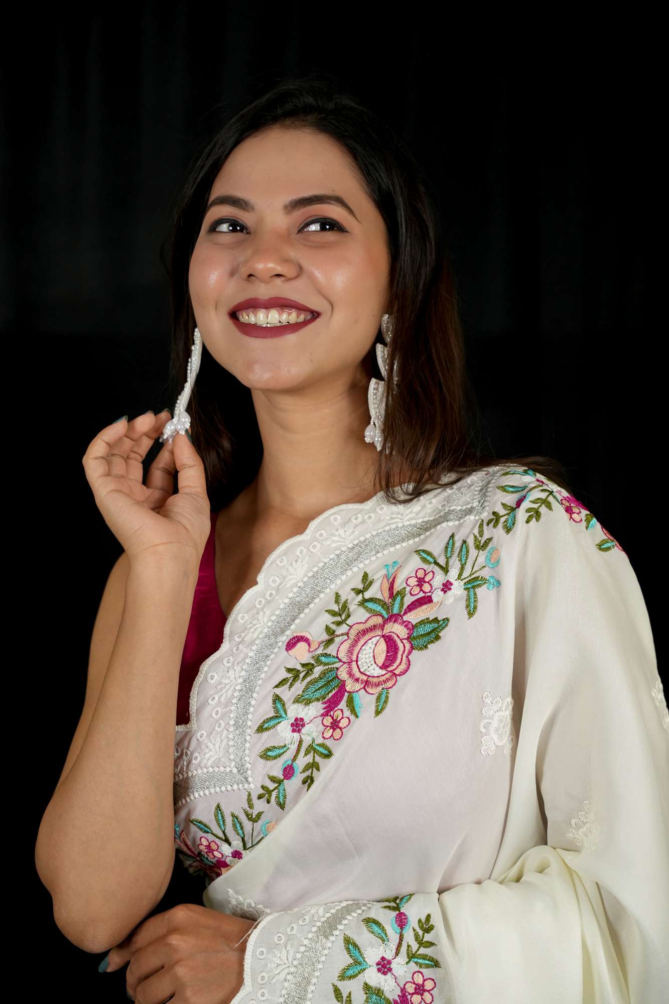 Chanderi with Floral Embroidery & Scalloped Cutwork Border Ready To Wear Saree