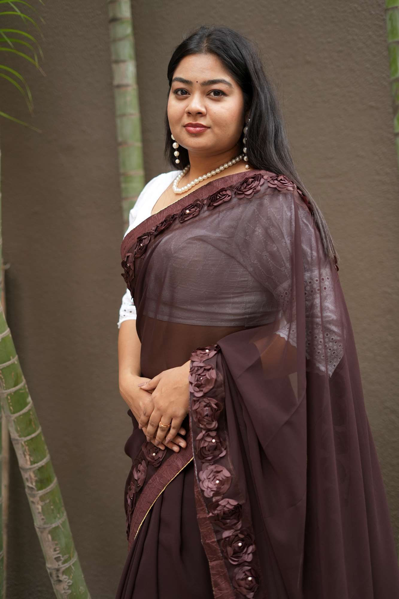 Poly Georgette with 3D Floral Embellished Border Ready To Wear Saree