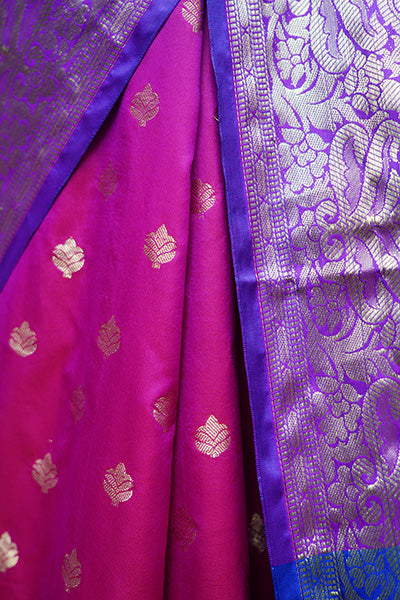 Beautiful Pink Banarasi Silk With Purple Zari  Broad Border Zari Butta Overall  Wrap in 1 minute saree