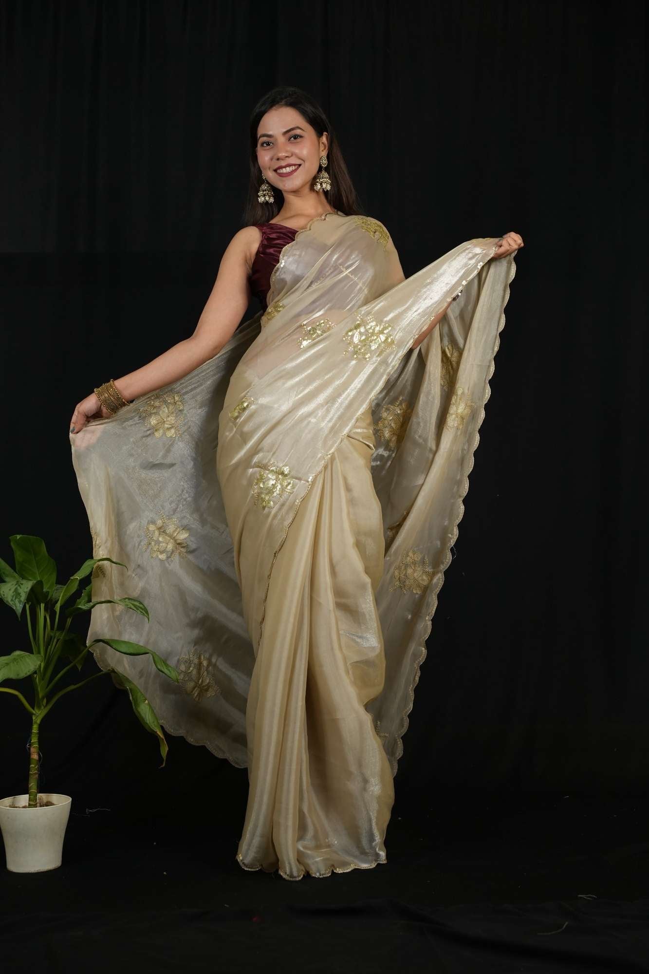 Satin Chiffon Silk with Sequined Embroidered Buttas on Pallu and Scalloped Border Ready To wear Saree