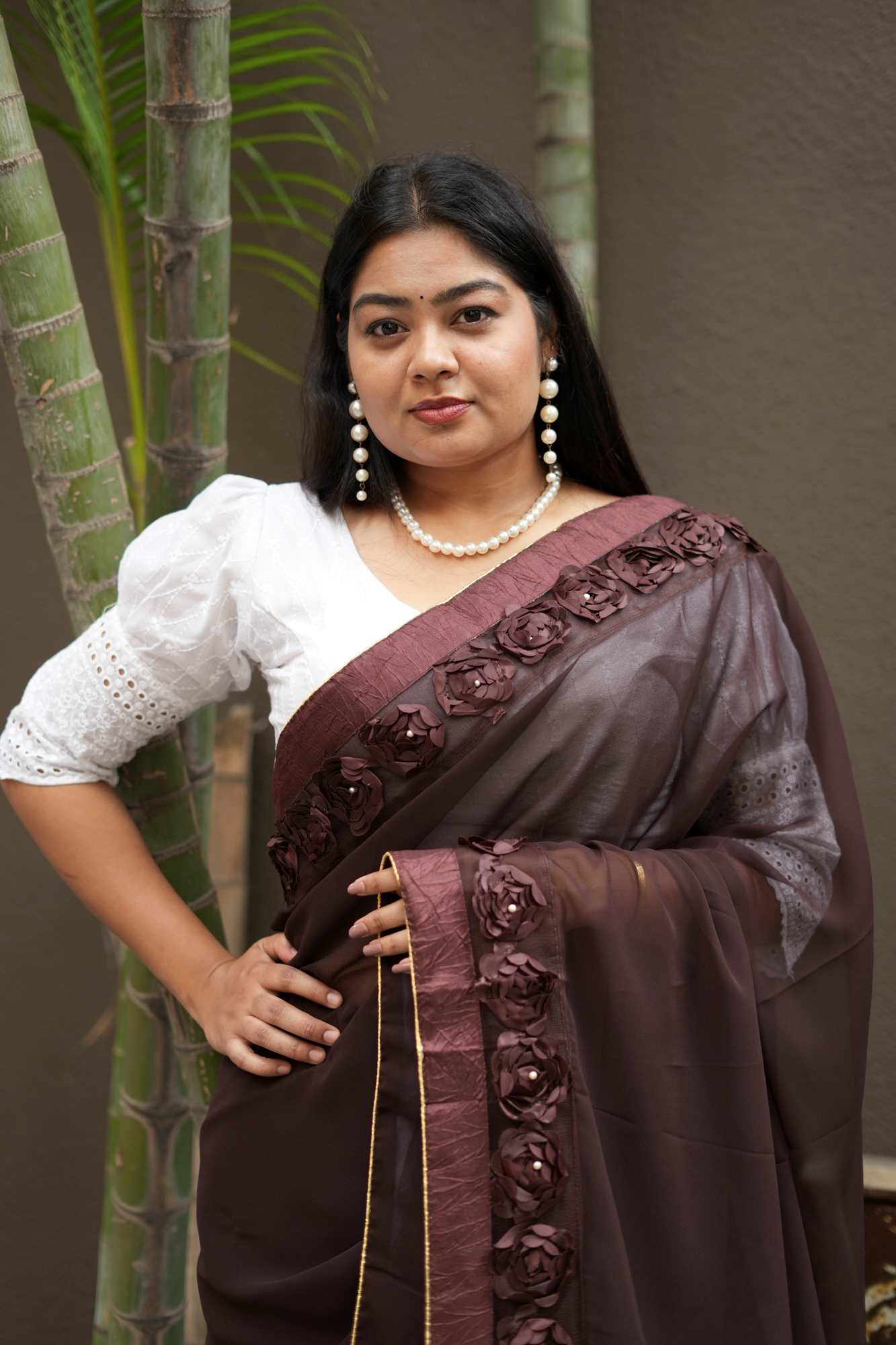 Poly Georgette with 3D Floral Embellished Border Ready To Wear Saree