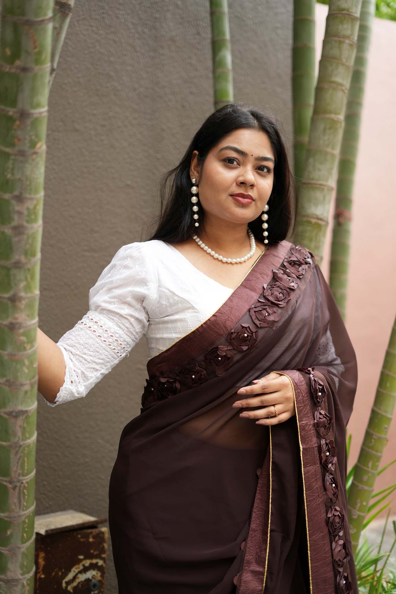 Poly Georgette with 3D Floral Embellished Border Ready To Wear Saree