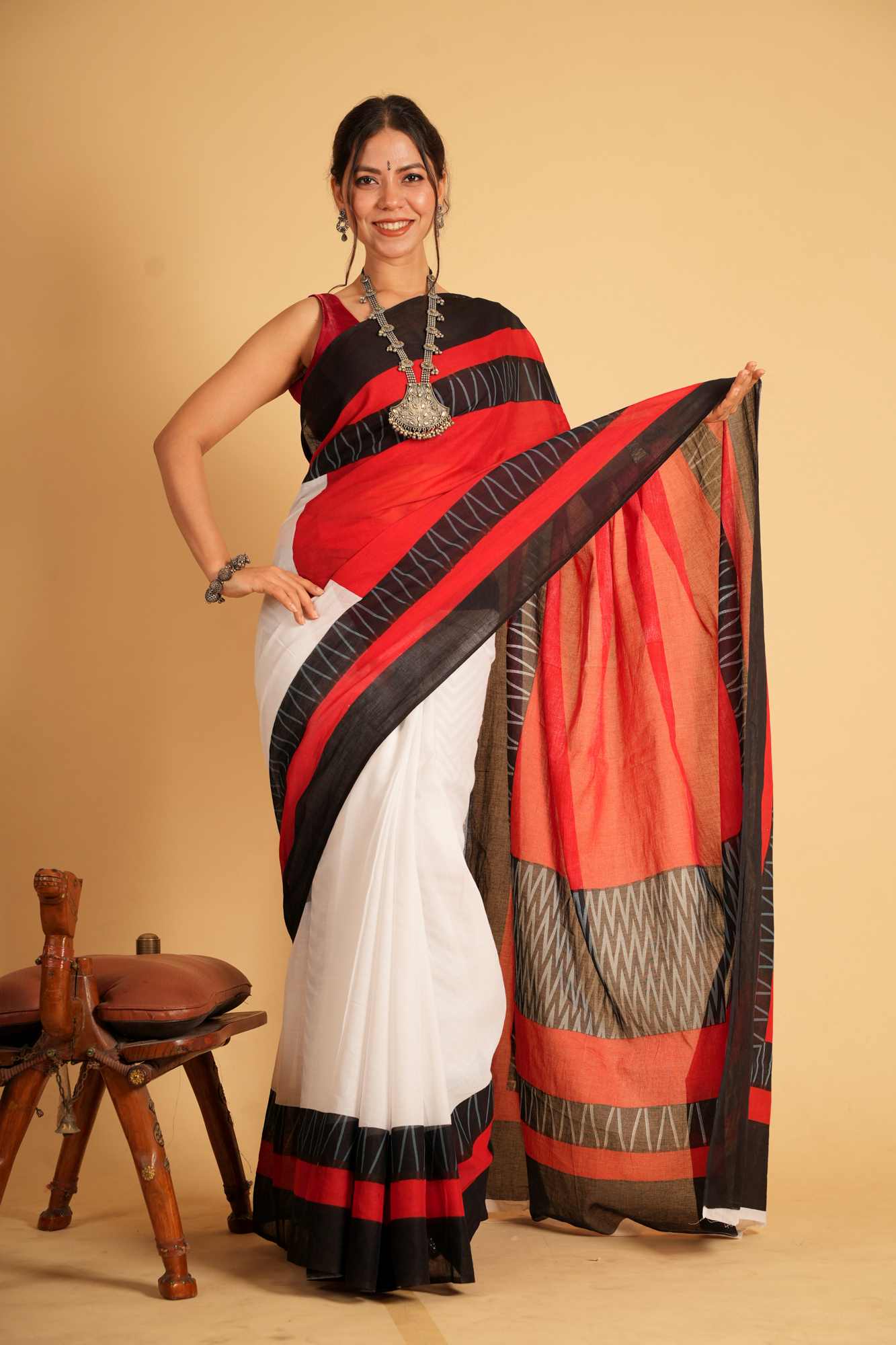 Mulmul Cotton in Red,White, & Black with Bold Geometric Patterns Ready To Wear Saree