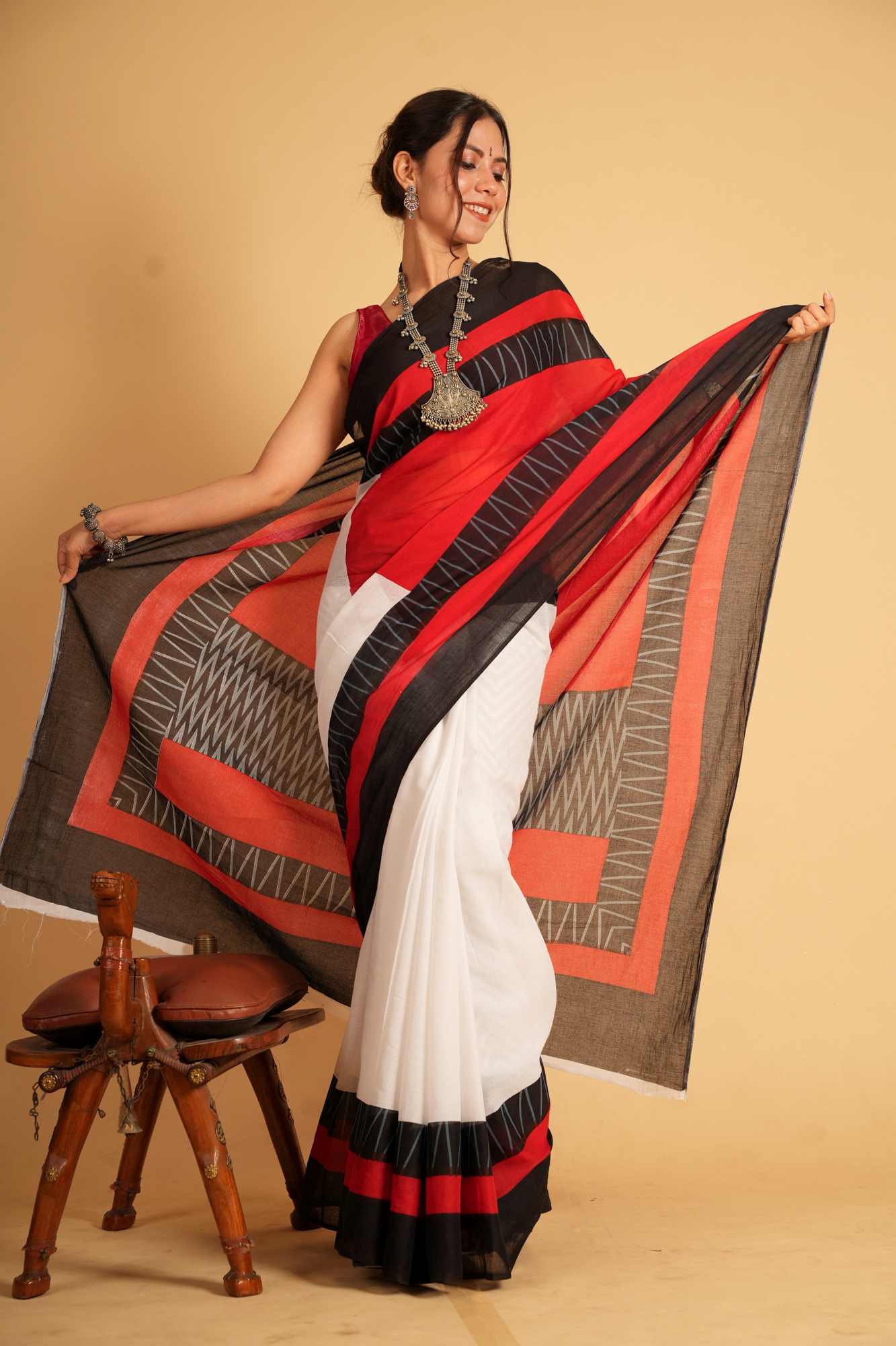 Mulmul Cotton in Red,White, & Black with Bold Geometric Patterns Ready To Wear Saree