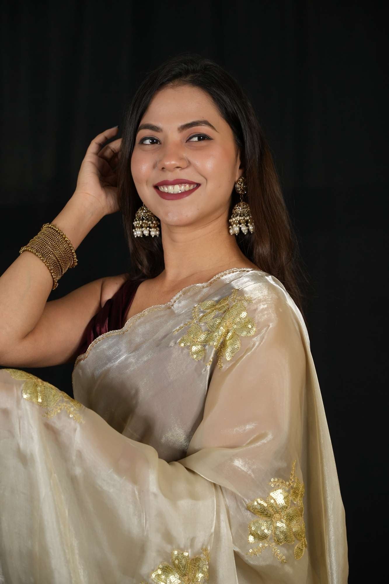 Satin Chiffon Silk with Sequined Embroidered Buttas on Pallu and Scalloped Border Ready To wear Saree