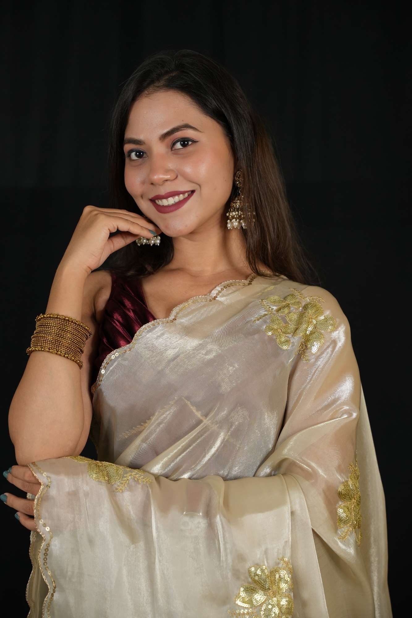 Satin Chiffon Silk with Sequined Embroidered Buttas on Pallu and Scalloped Border Ready To wear Saree