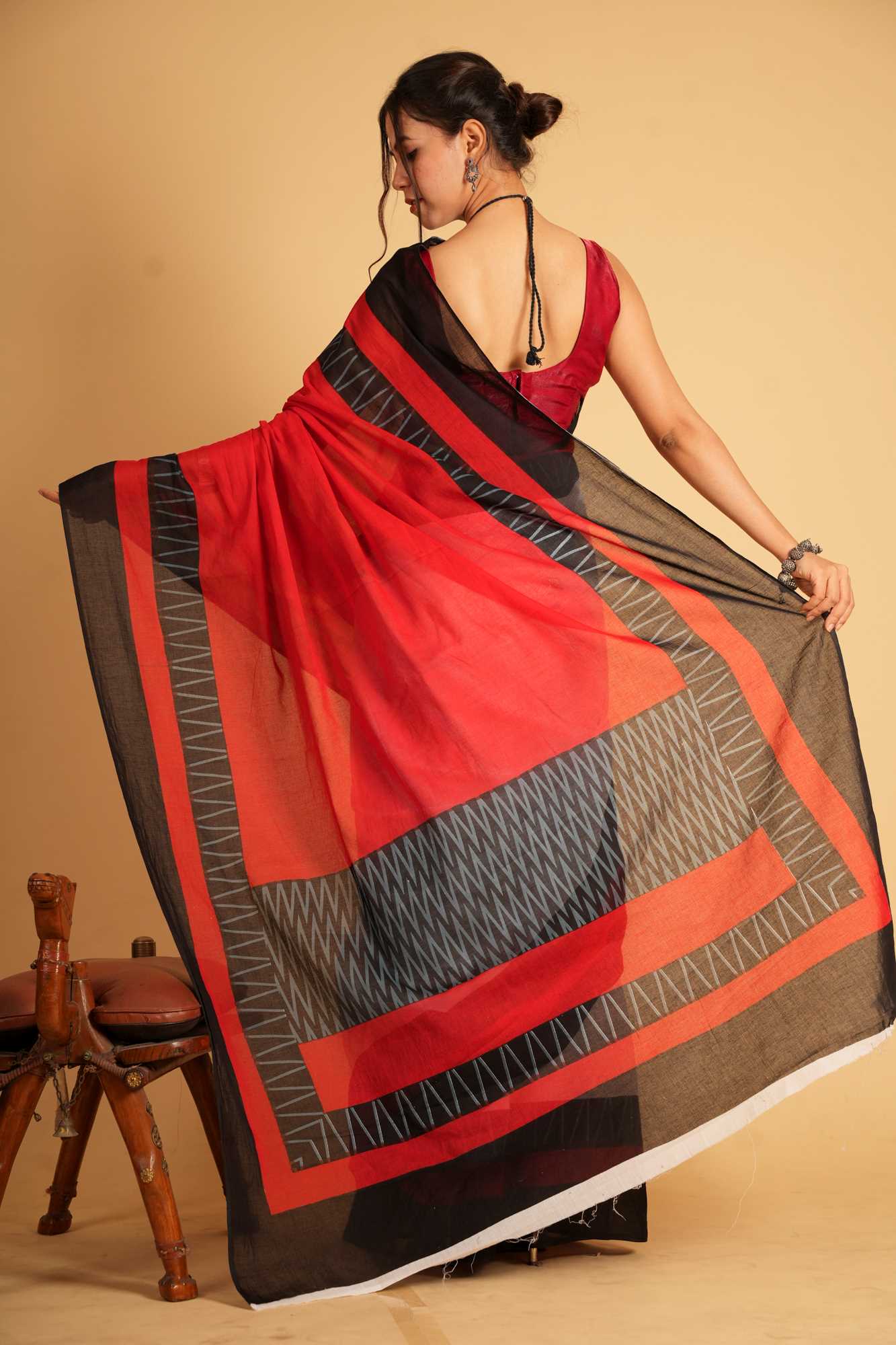 Mulmul Cotton in Red,White, & Black with Bold Geometric Patterns Ready To Wear Saree