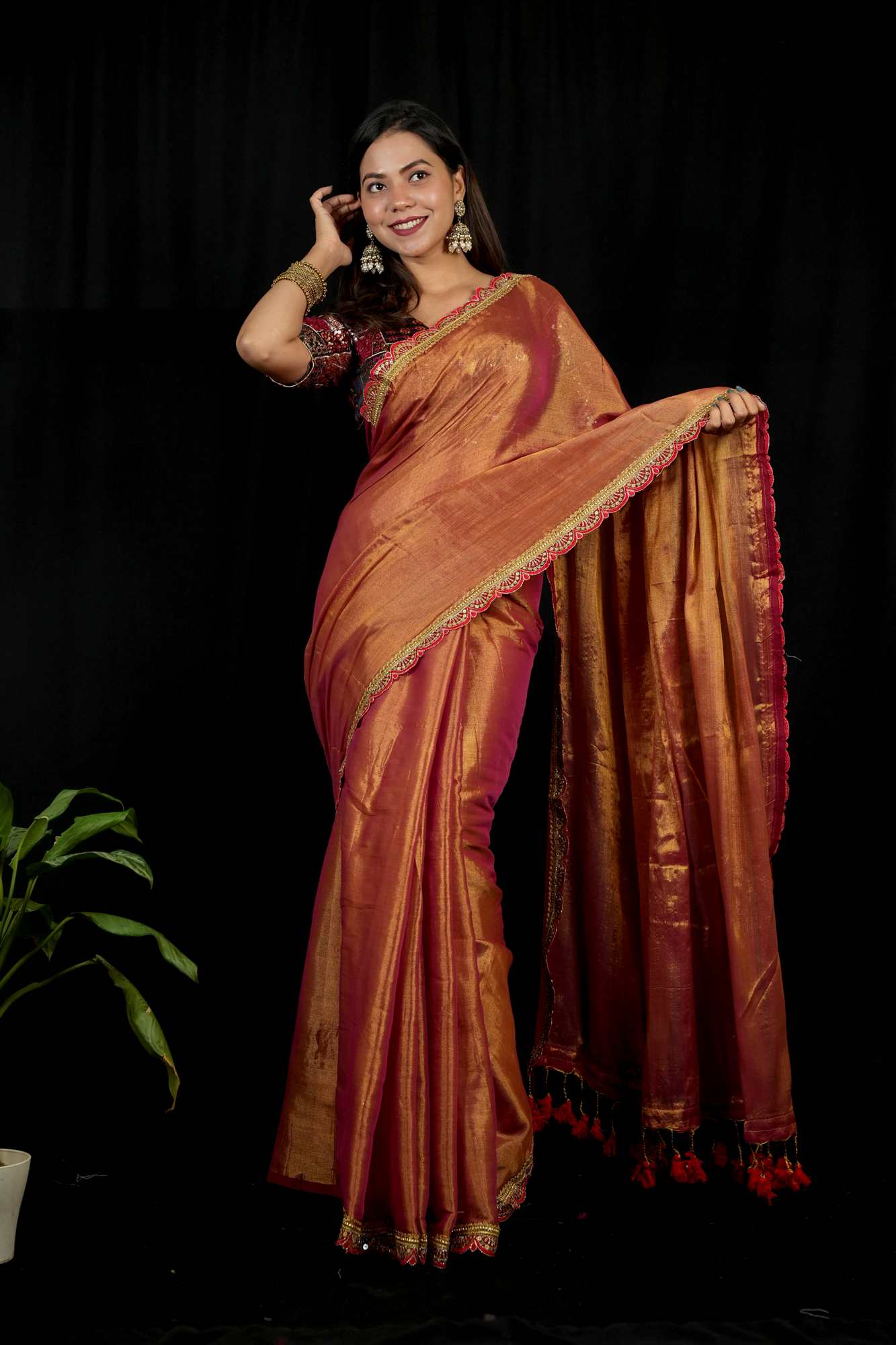 Dhoop Chaanv Tissue Linen With  Designer Sequin Lace Border & Tassel On Pallu  1 Minute saree