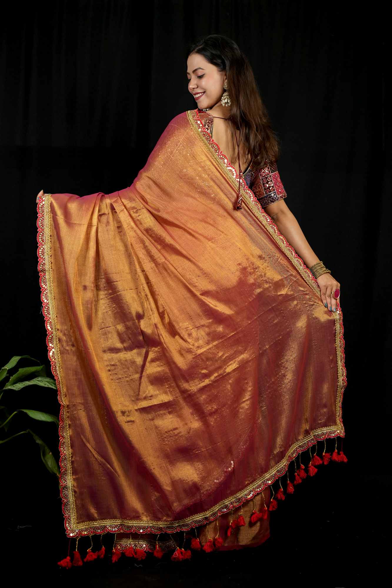 Dhoop Chaanv Tissue Linen With  Designer Sequin Lace Border & Tassel On Pallu  1 Minute saree