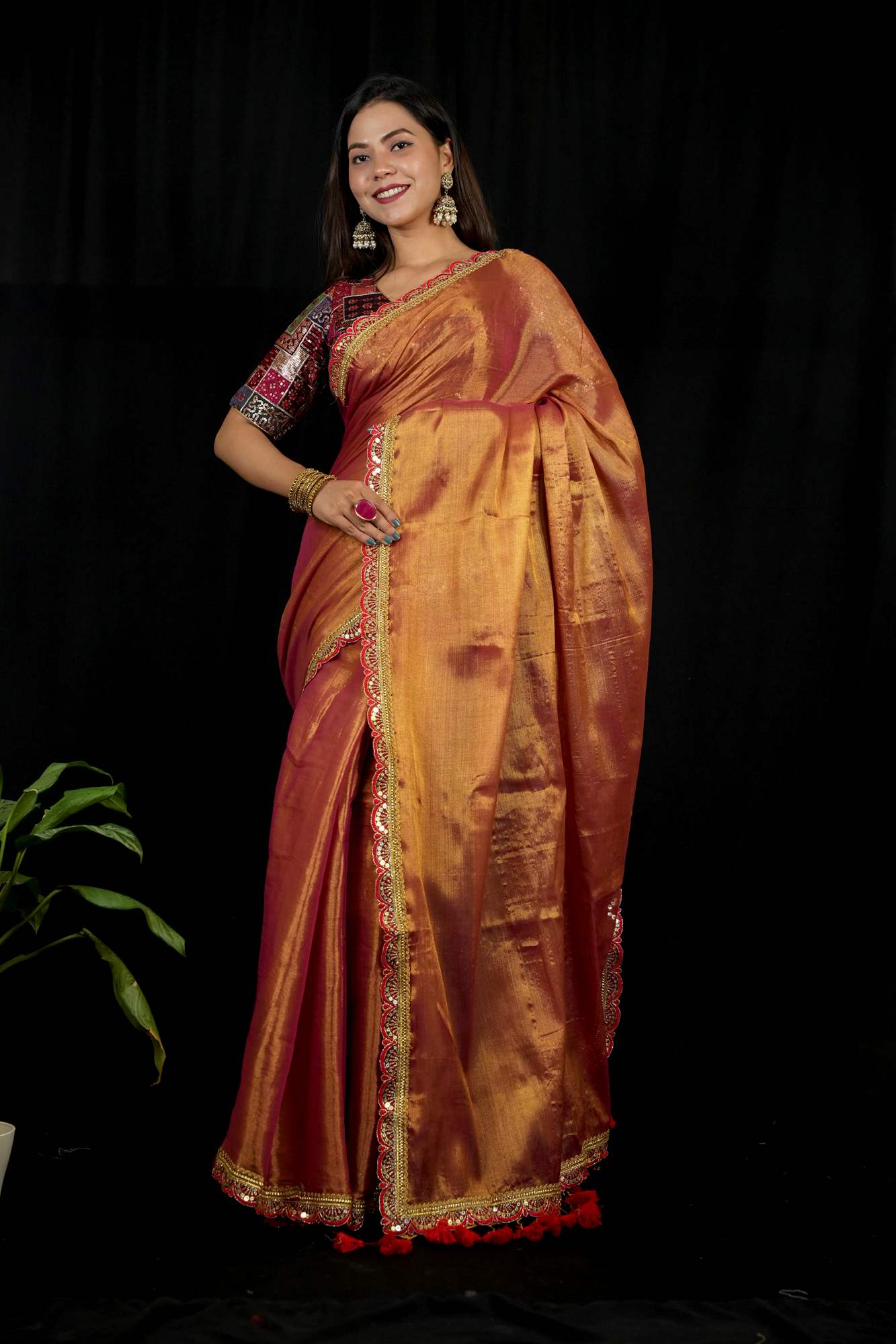 Dhoop Chaanv Tissue Linen With  Designer Sequin Lace Border & Tassel On Pallu  1 Minute saree