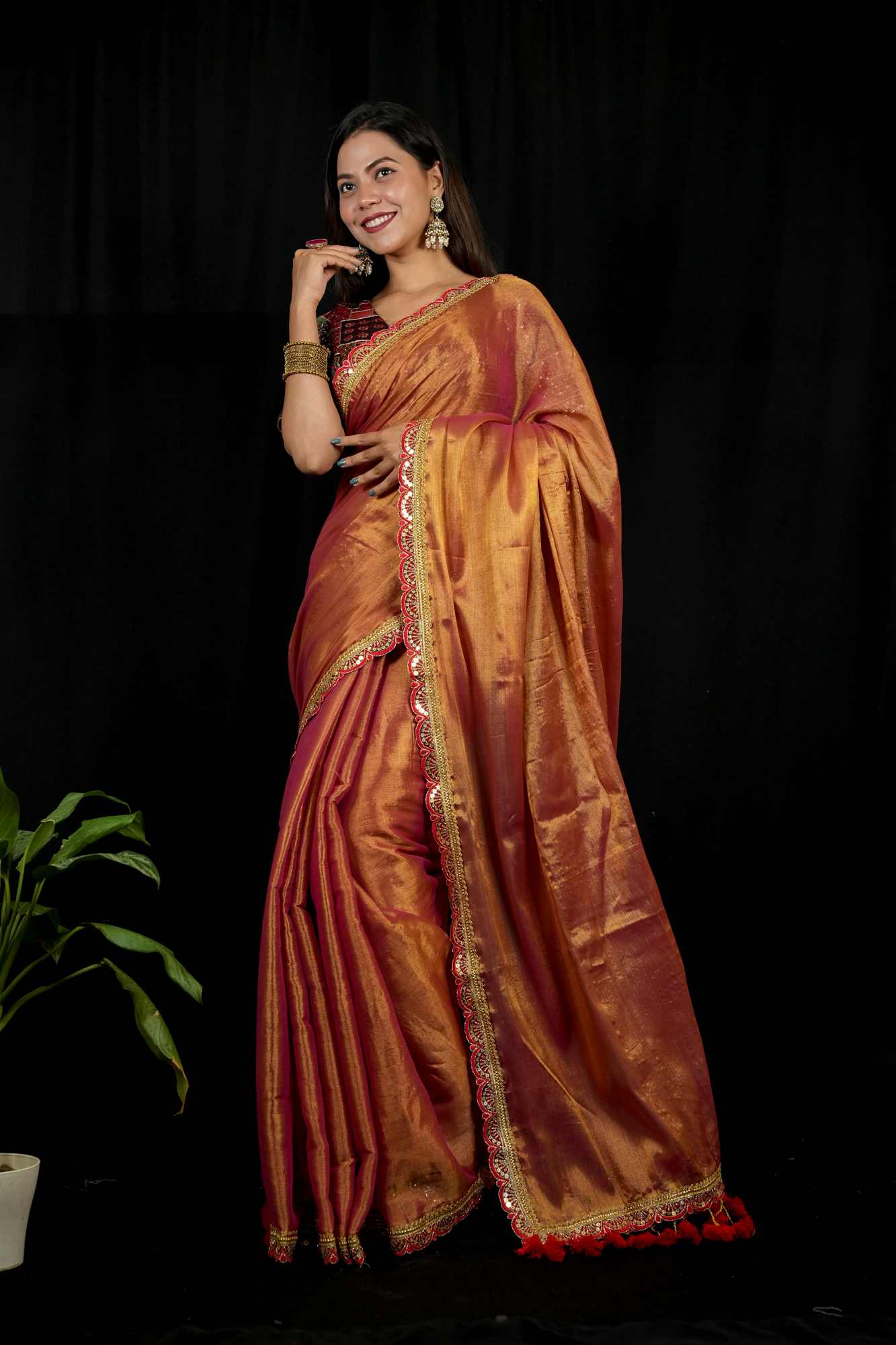 Dhoop Chaanv Tissue Linen With  Designer Sequin Lace Border & Tassel On Pallu  1 Minute saree