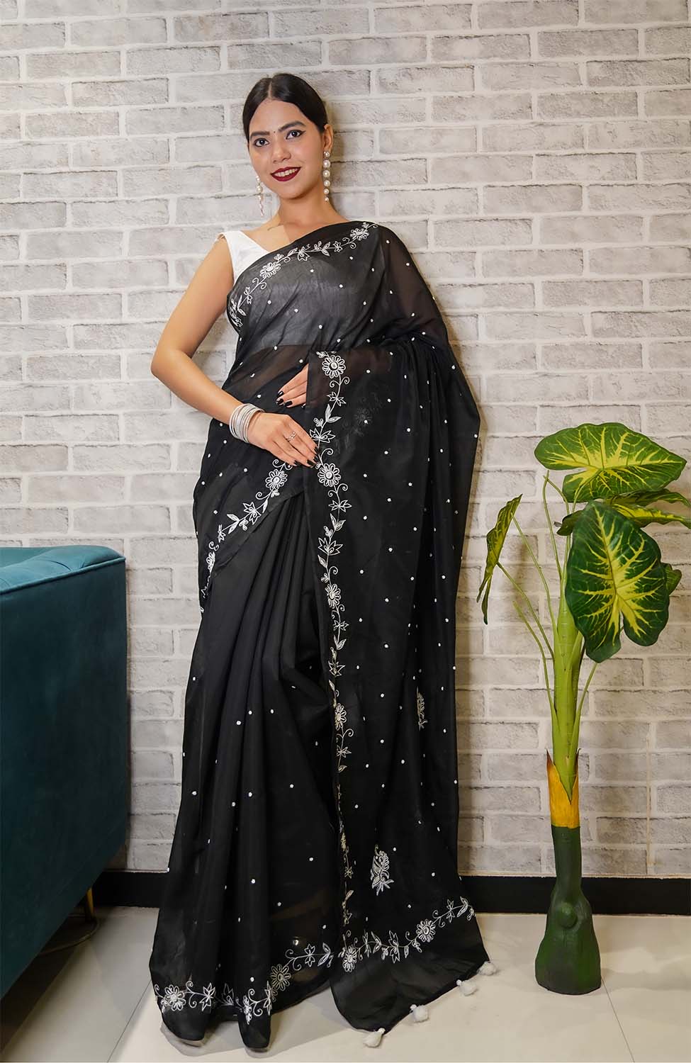 Ready To Wear Premium Cotton With Detailed Thread Work And Moti embedded Tassels on Pallu Wrap In One Minute Saree - Isadora Life