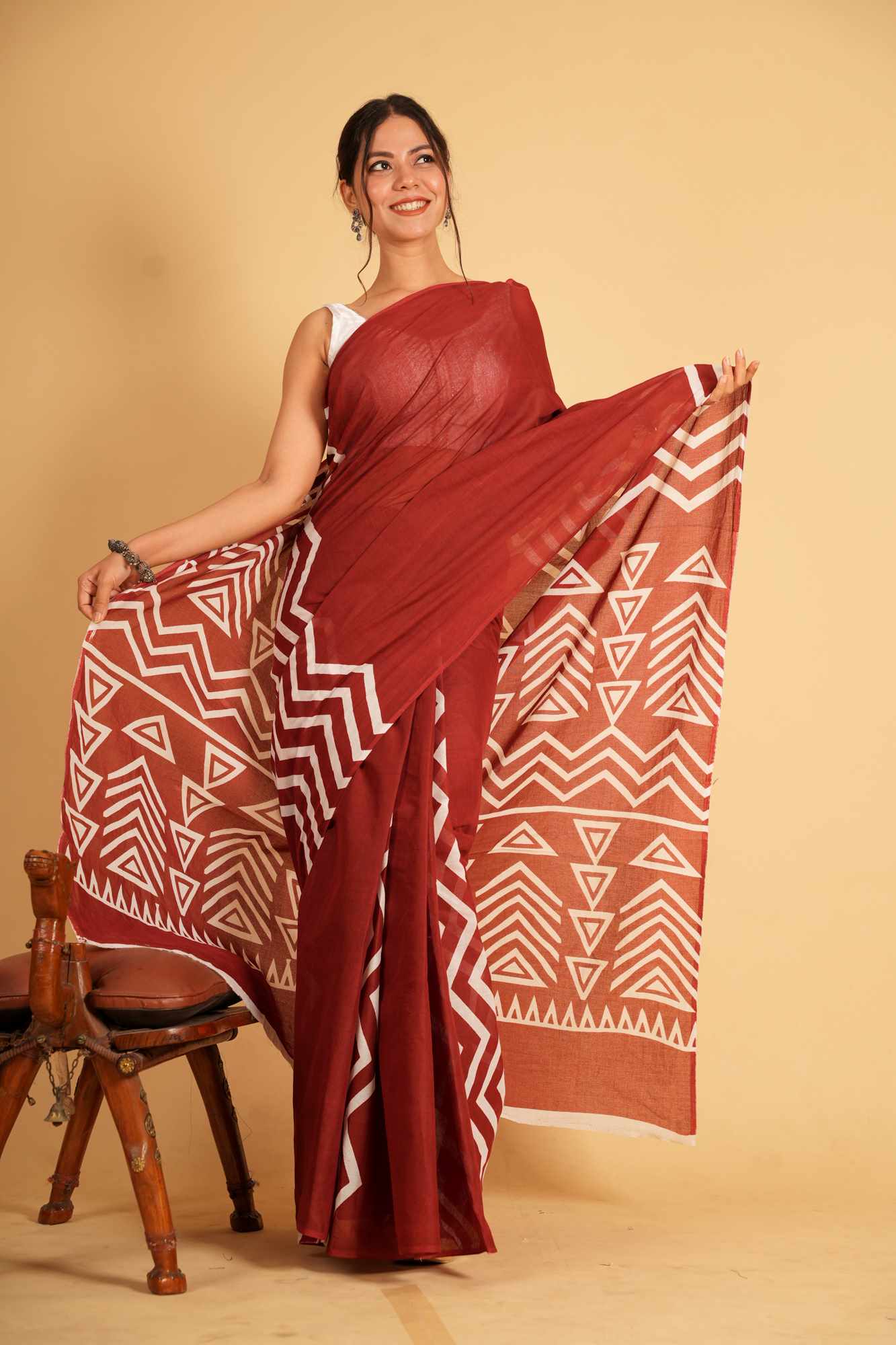 Cotton with White Geometric Hand Block Print Ready To Wear Saree