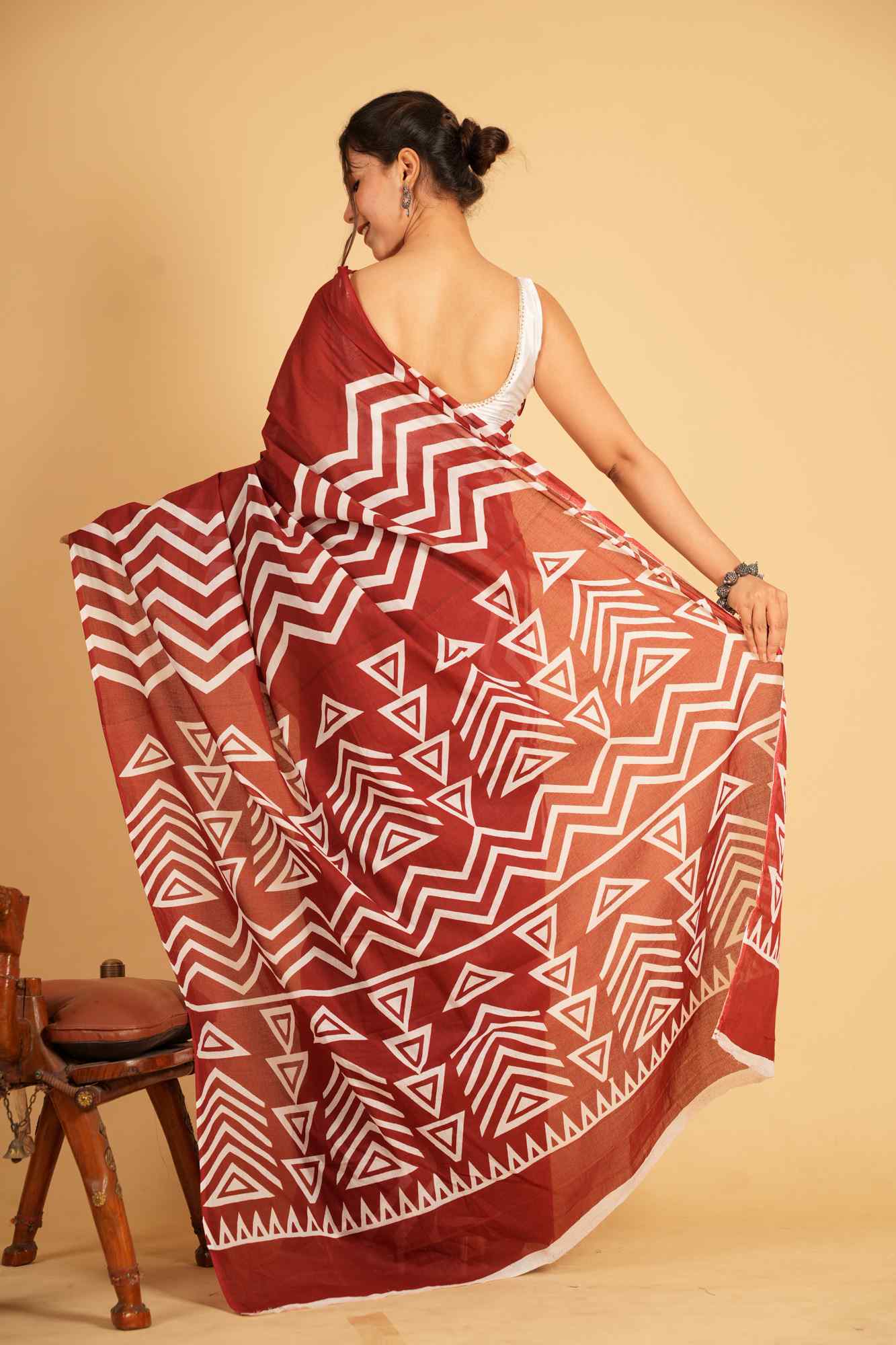 Cotton with White Geometric Hand Block Print Ready To Wear Saree