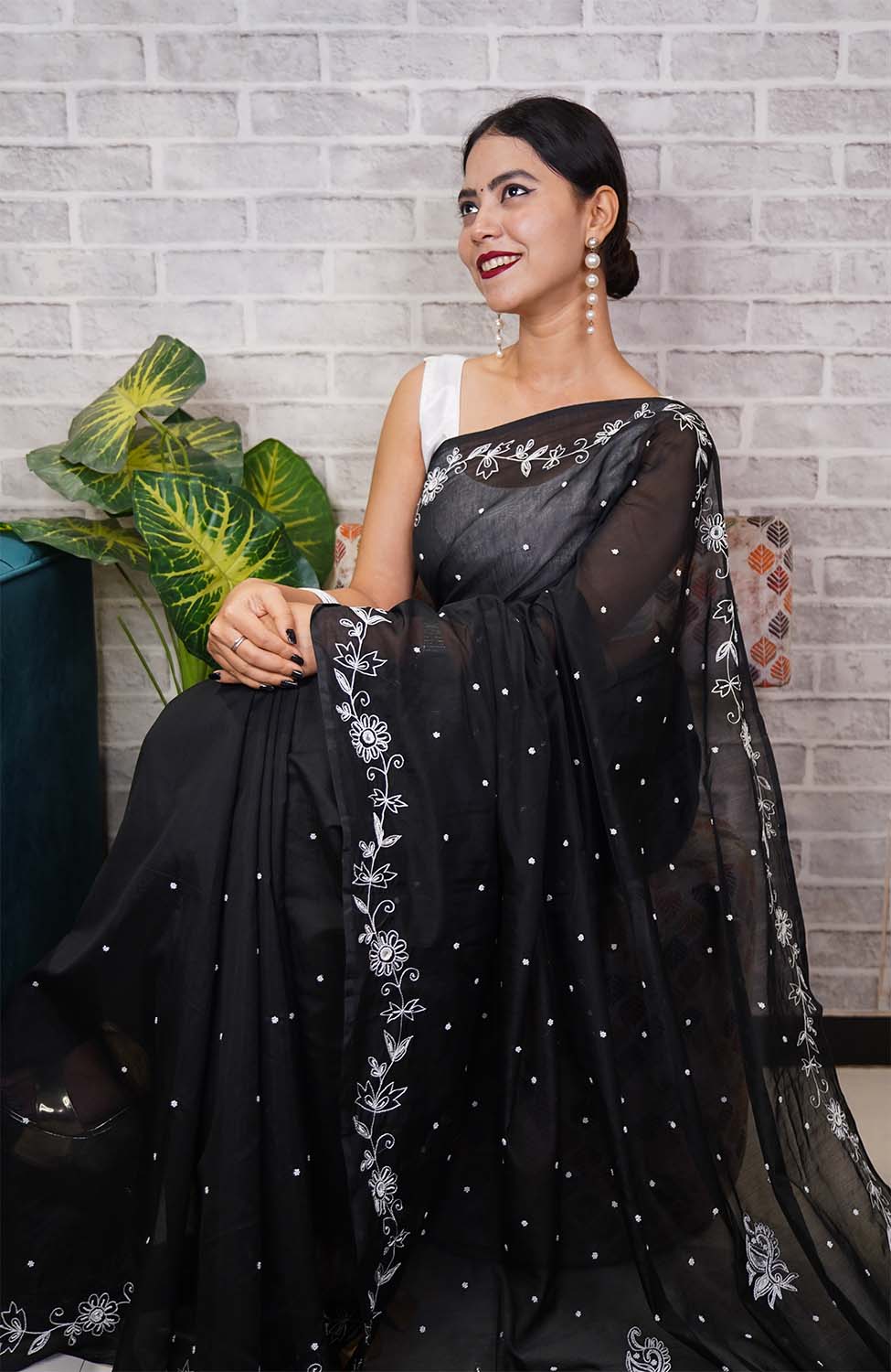 Ready To Wear Premium Cotton With Detailed Thread Work And Moti embedded Tassels on Pallu Wrap In One Minute Saree - Isadora Life