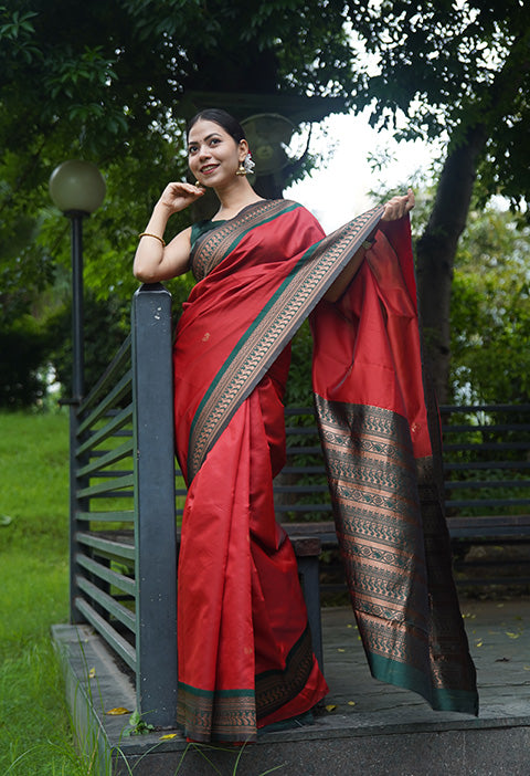 Red with Green Contrast Zari Detailed Bordered  Kanjeevaram Silk Wrap in 1 Minute Saree