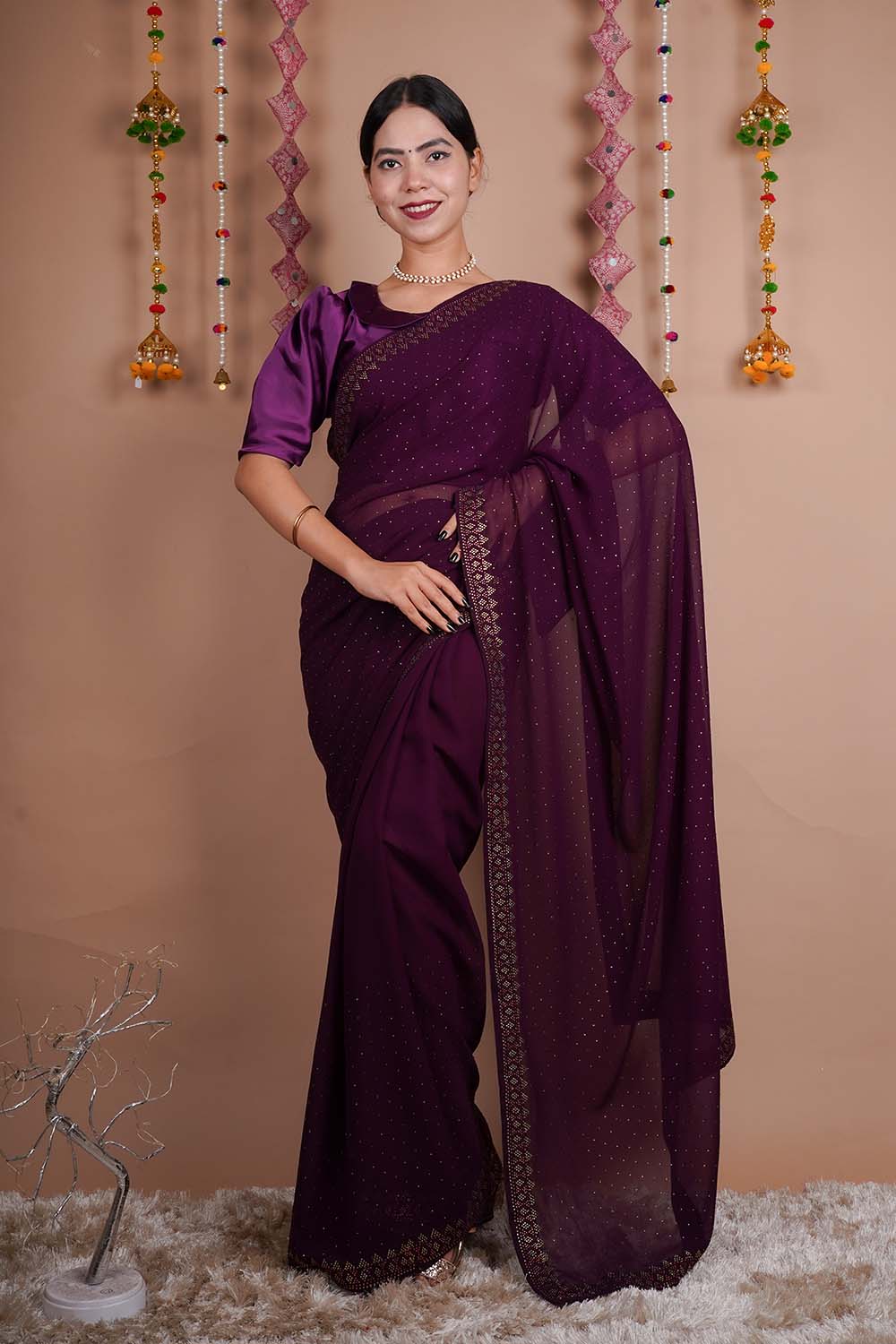 Ready To Wear Wine Soft Georgette With Stone Sequence Bead Detailed  Work All Over  Wrap in 1 minute saree - Isadora Life