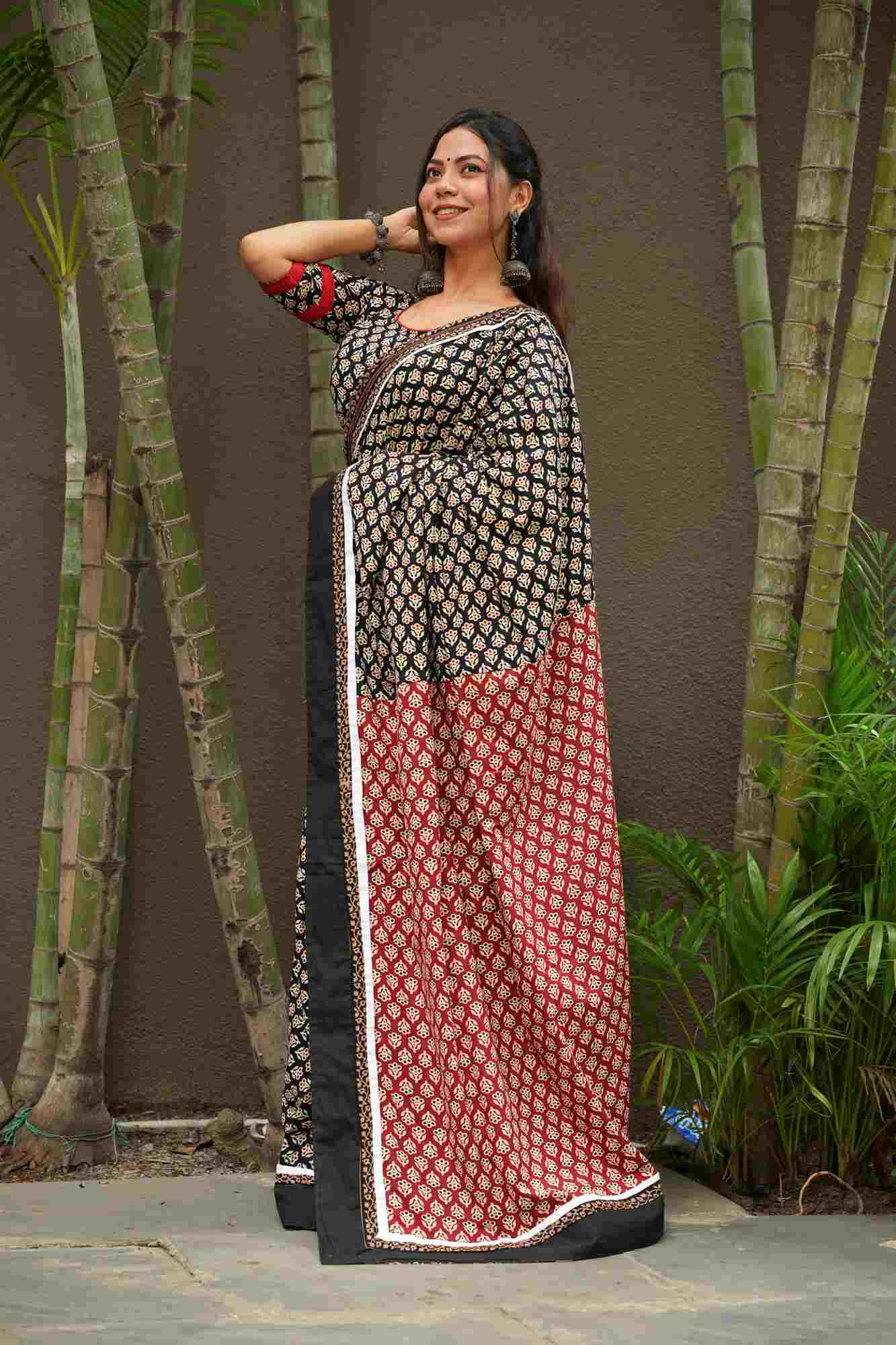 Cotton Ajrakh with Rust & Black Floral Prints & Vegetable-Dyed Ready To  wear Saree | Isadora Life prestitched ready to wear one minute sarees for  all sizes, customised for height.