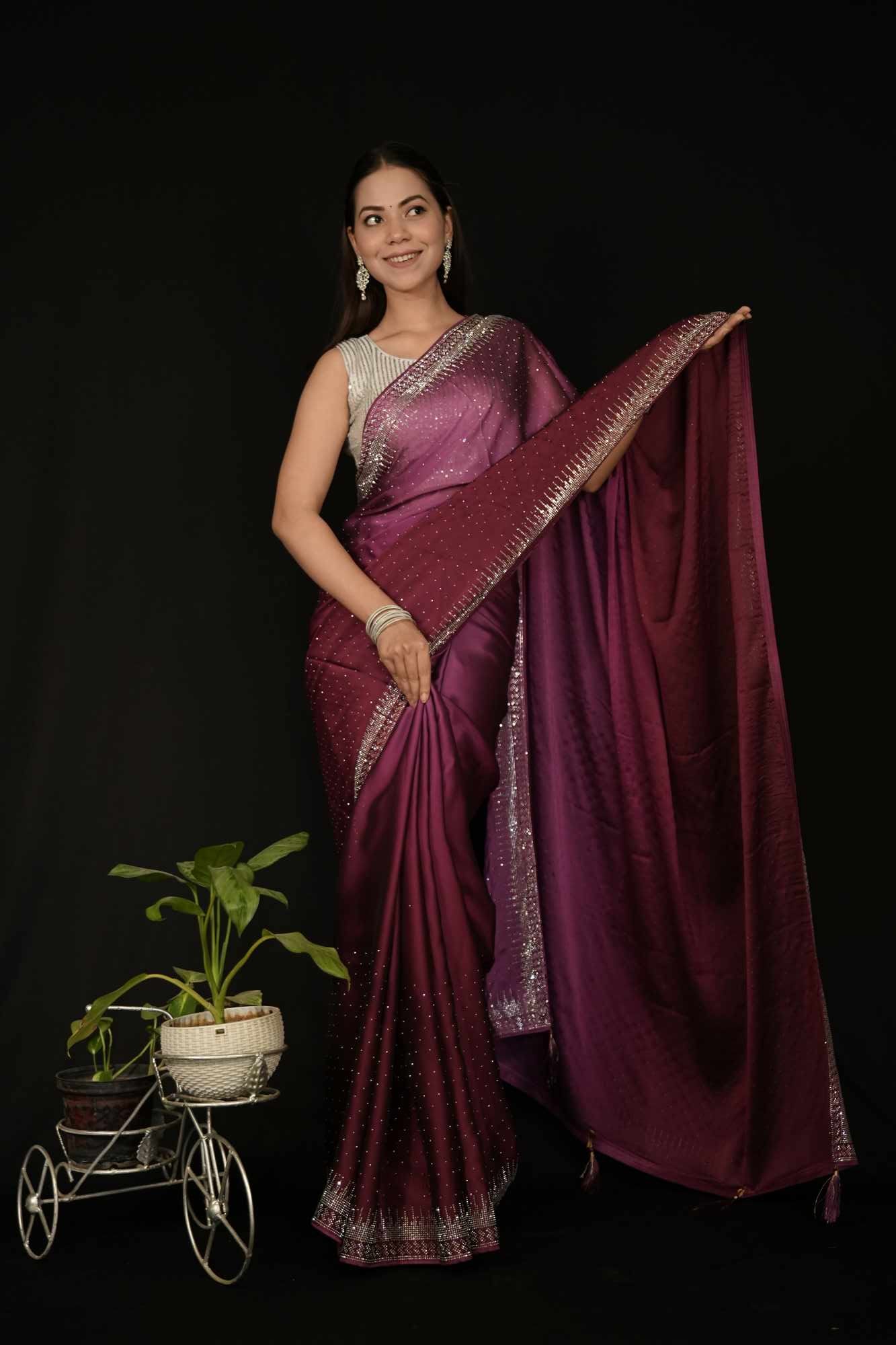 Stylish Dual Shade Soft Premium Satin Silk With Stone Embellished Overall With Detail  Border Ready To Wear Saree