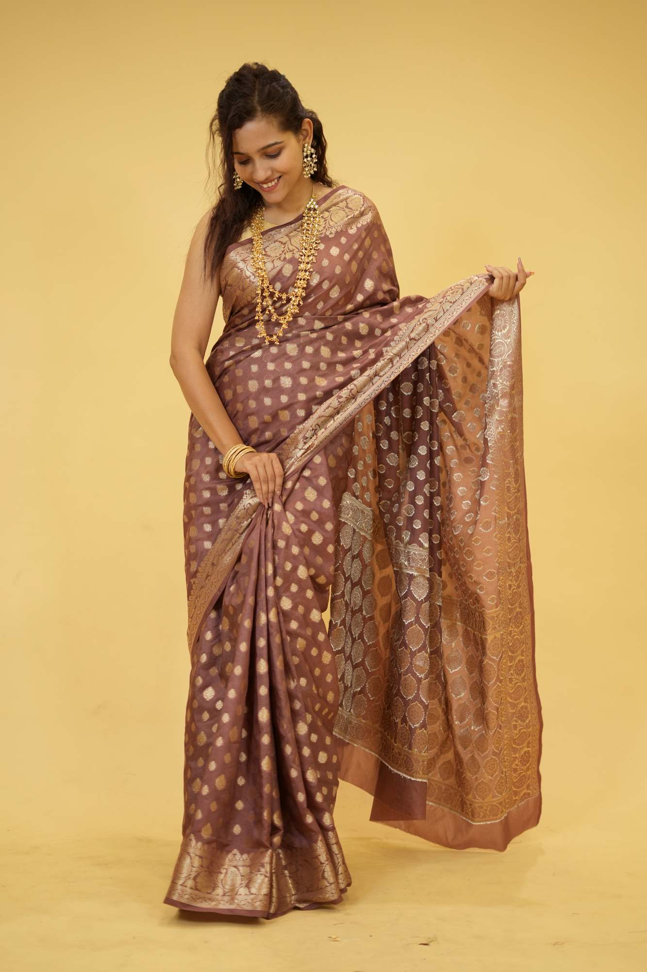 Dusty Rose Georgette Silk with All-Over Zari Motifs and Ornate Pallu Ready To Wear Saree