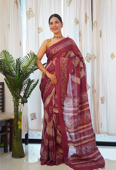 Ready To Wear Kota cotton silk Batik Printed All Over With Ornate Pallu Wrap in 1 minute saree