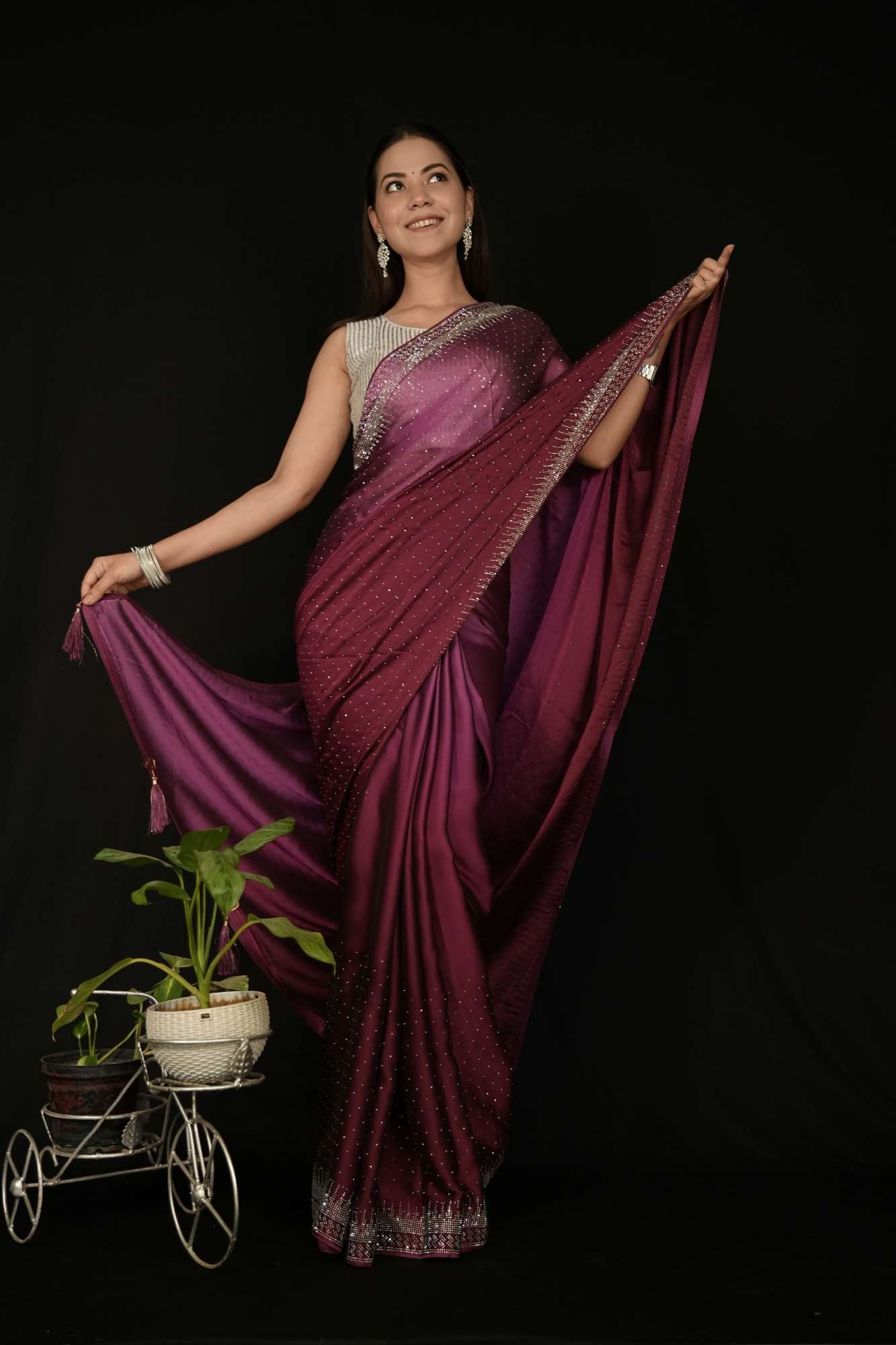 Stylish Dual Shade Soft Premium Satin Silk With Stone Embellished Overall With Detail  Border Ready To Wear Saree