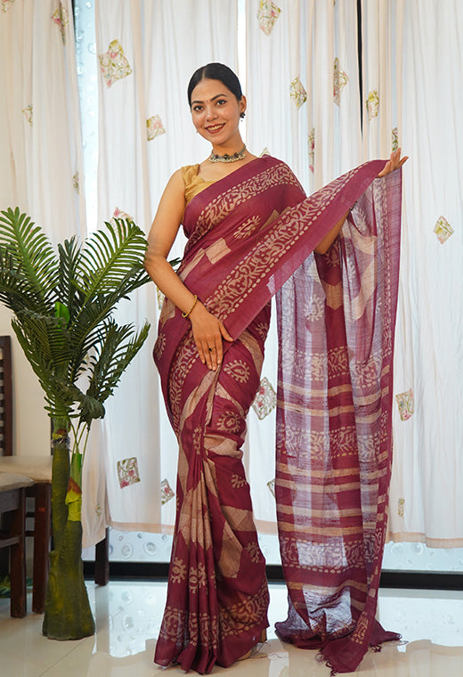 Ready To Wear Kota cotton silk Batik Printed All Over With Ornate Pallu Wrap in 1 minute saree