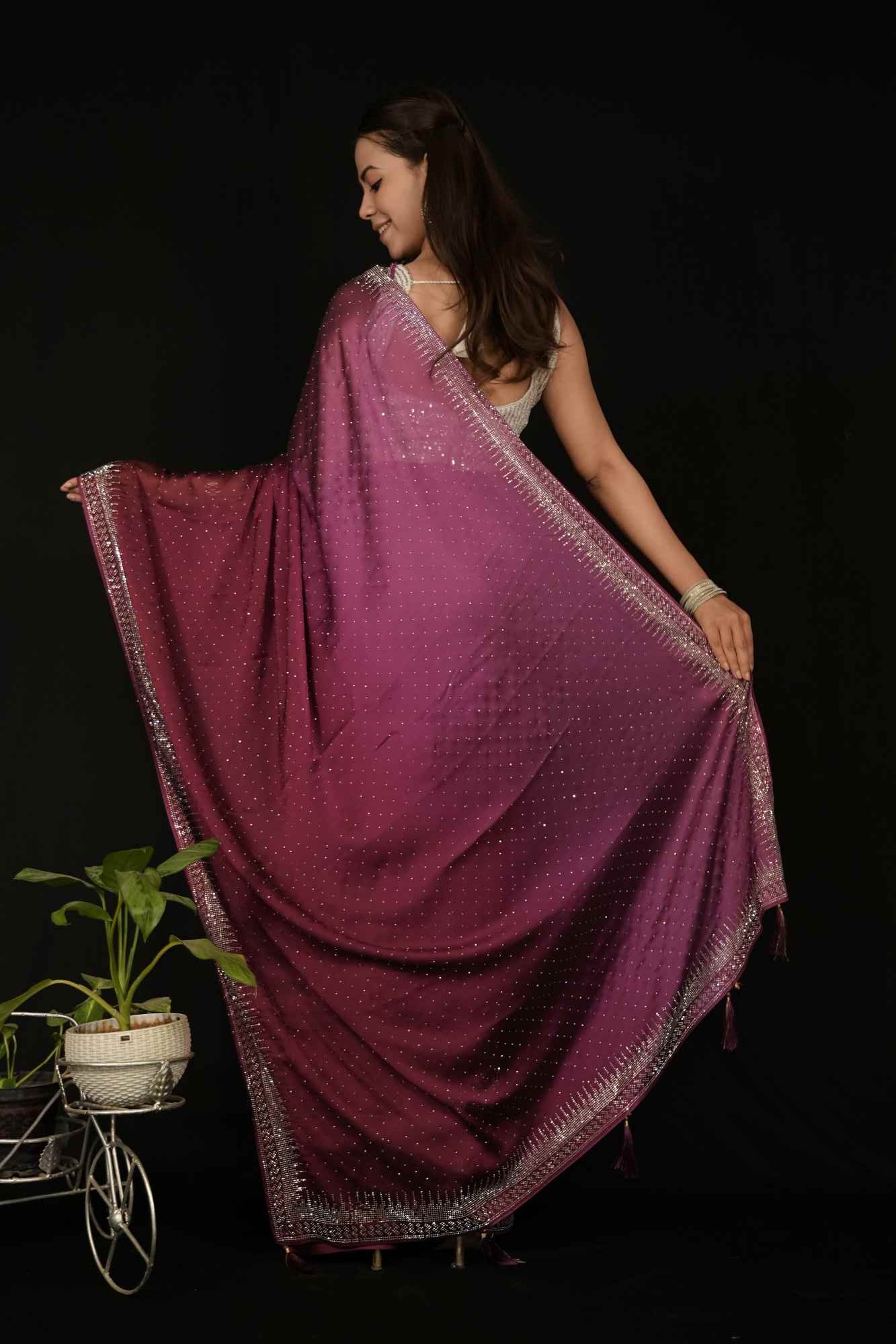 Stylish Dual Shade Soft Premium Satin Silk With Stone Embellished Overall With Detail  Border Ready To Wear Saree