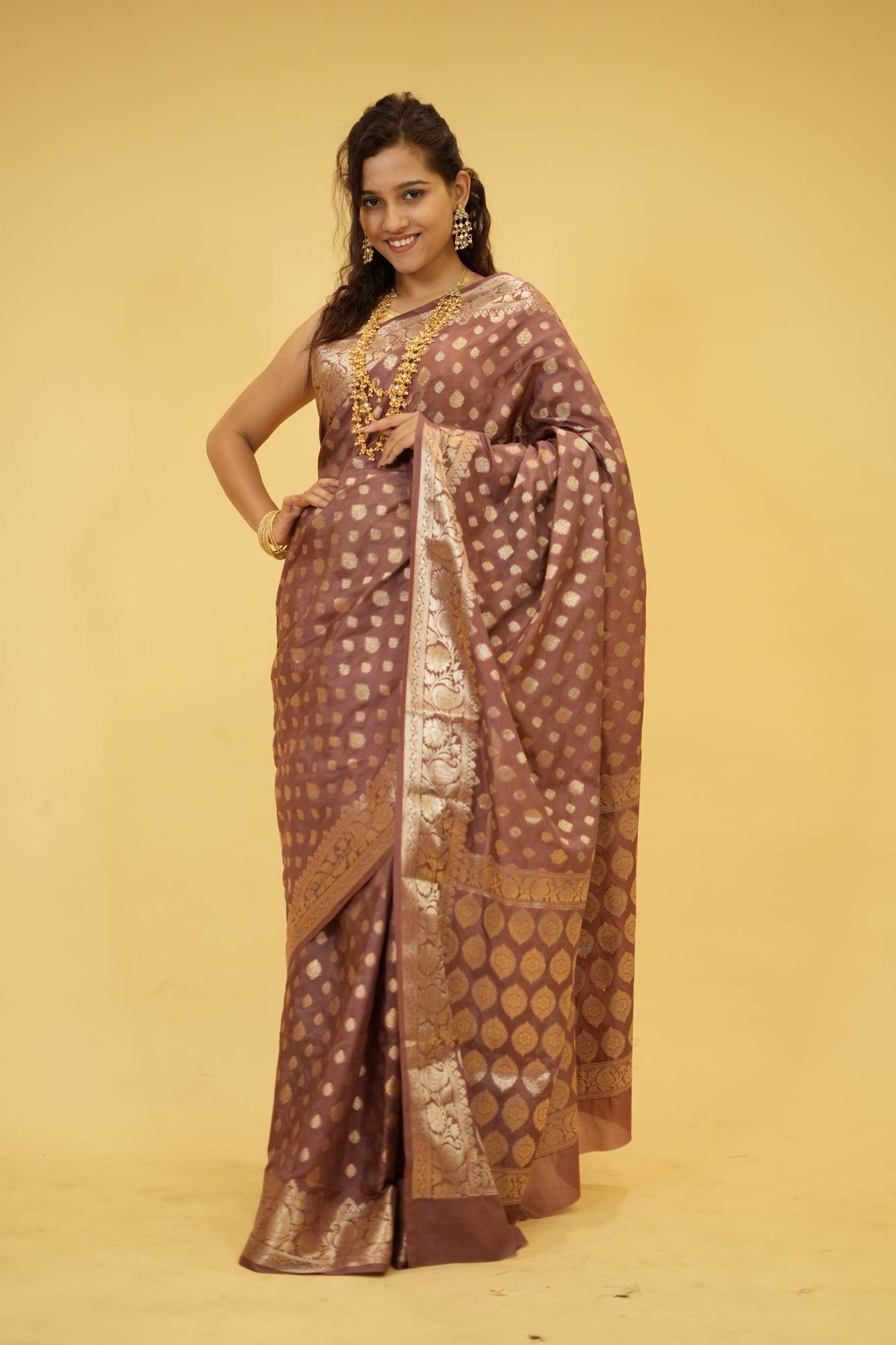 Dusty Rose Georgette Silk with All-Over Zari Motifs and Ornate Pallu Ready To Wear Saree