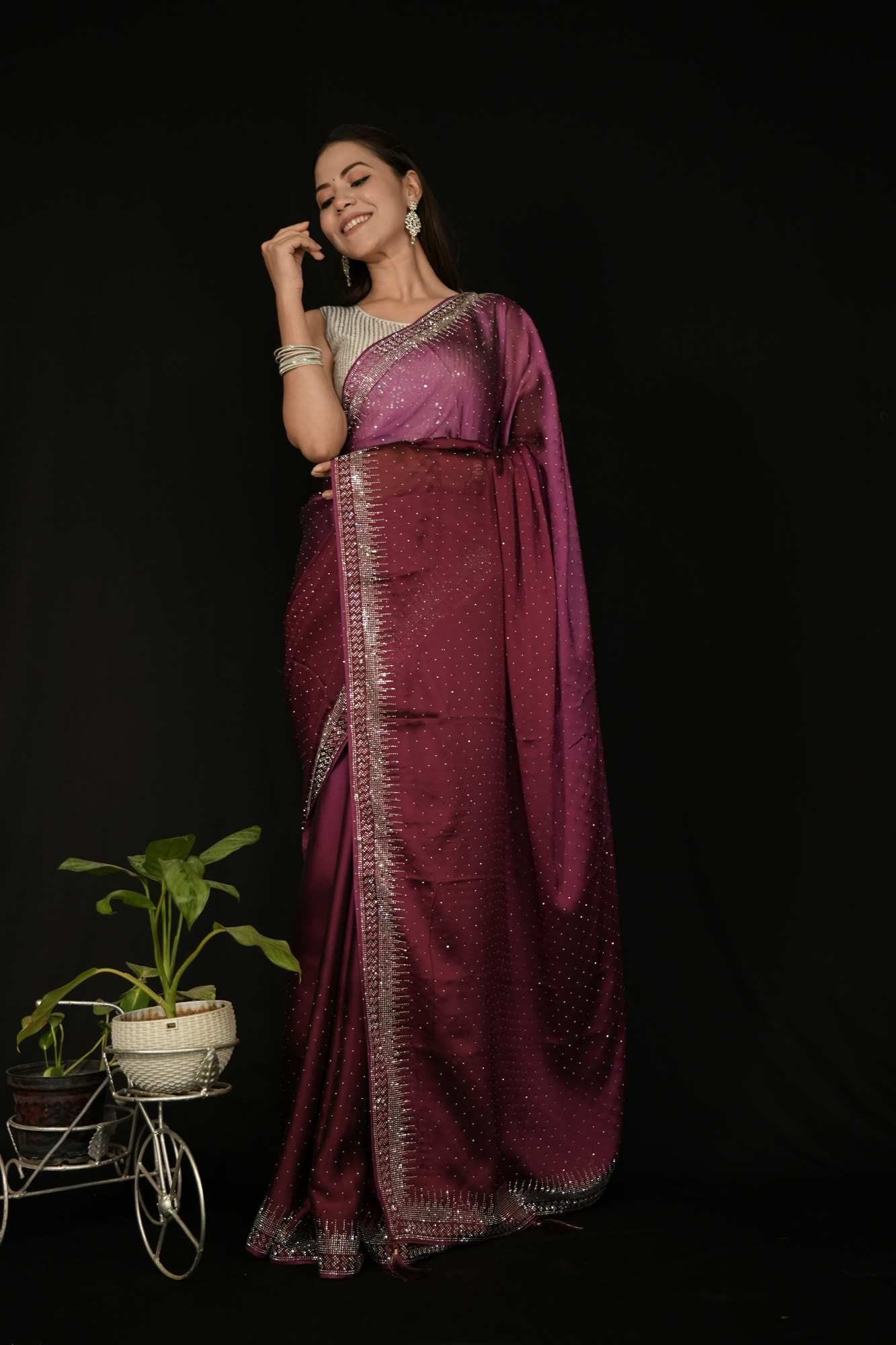 Stylish Dual Shade Soft Premium Satin Silk With Stone Embellished Overall With Detail  Border Ready To Wear Saree