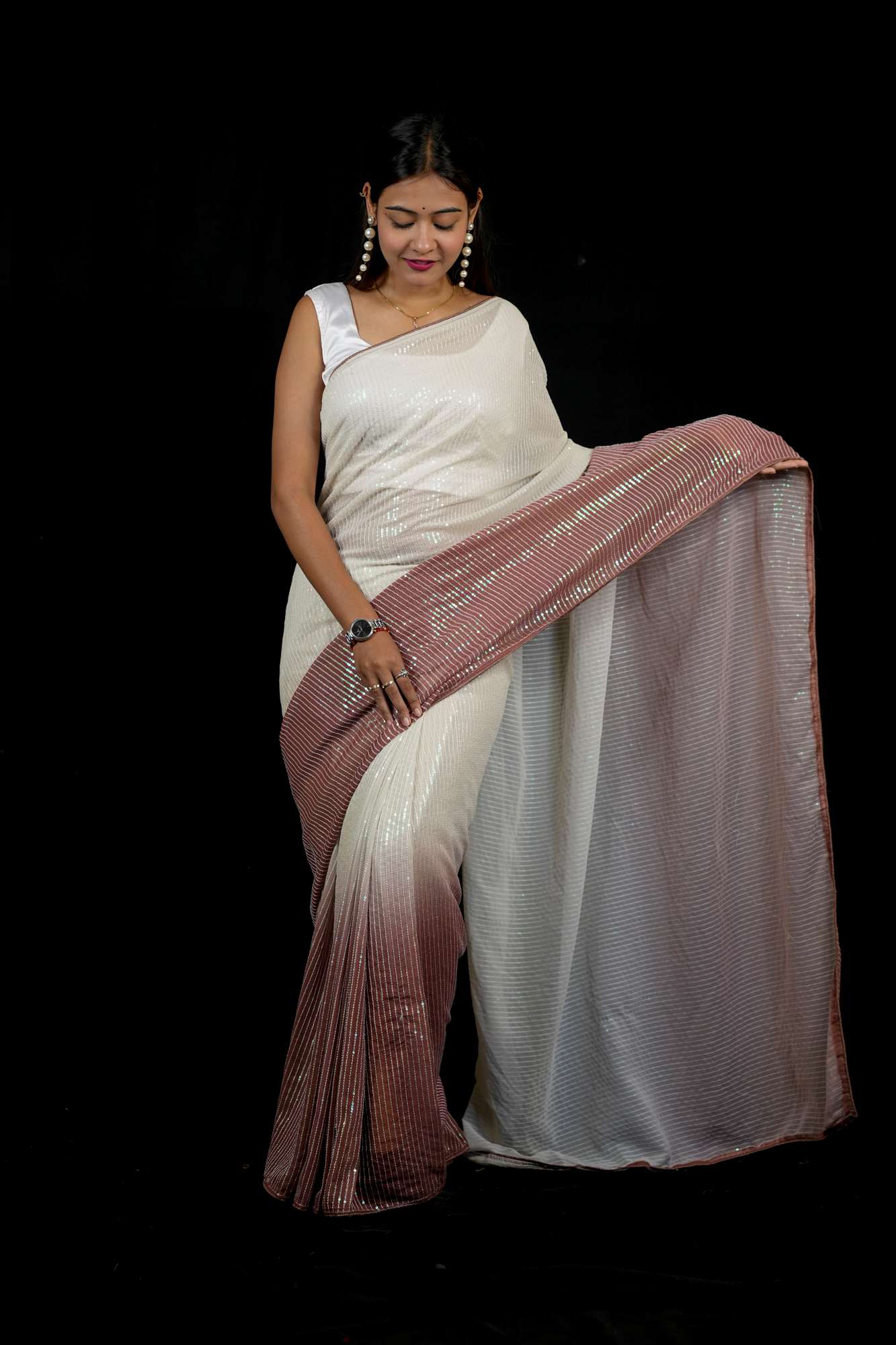 Georgette with 3MM Rainbow Sequin Embroidery Ready To Wear Saree