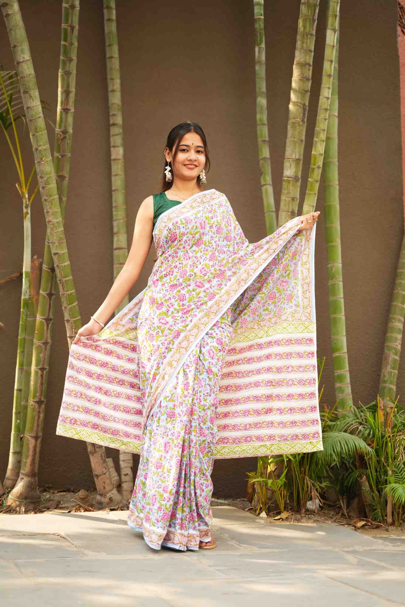 Medley of colors handblock jaipuri sanganeri mulmul ready to wear saree