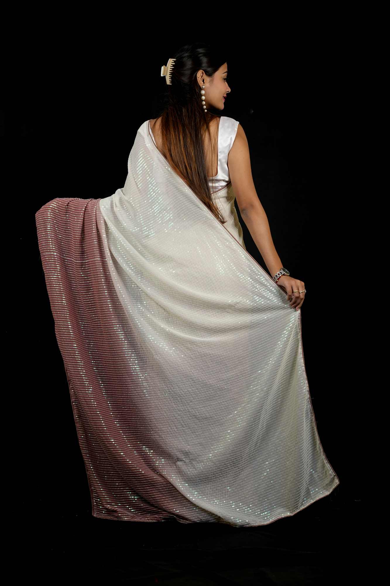 Georgette with 3MM Rainbow Sequin Embroidery Ready To Wear Saree