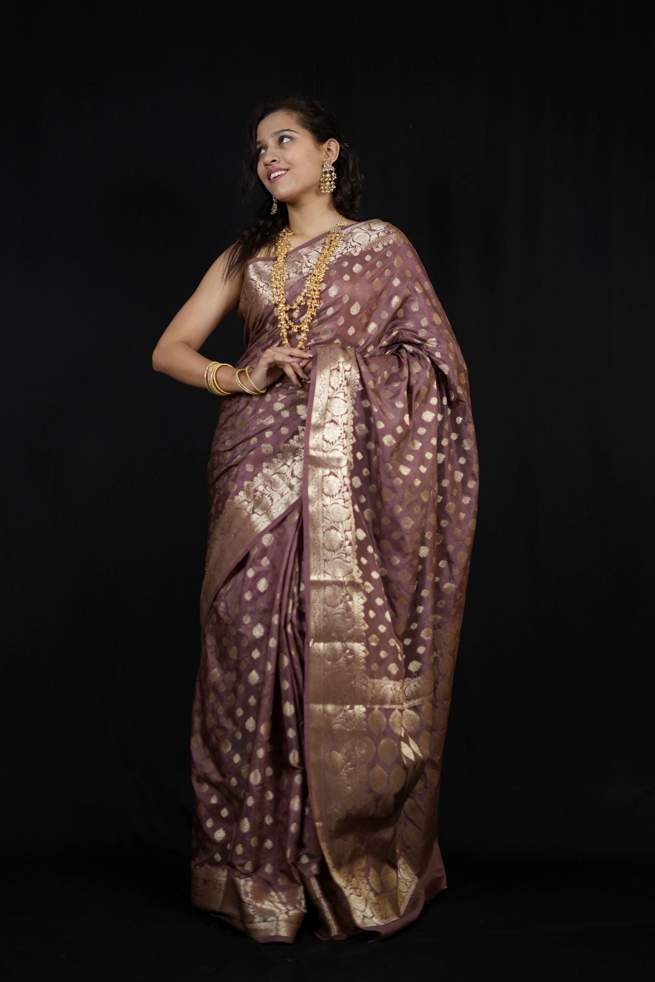 Dusty Rose Georgette Silk with All-Over Zari Motifs and Ornate Pallu Ready To Wear Saree