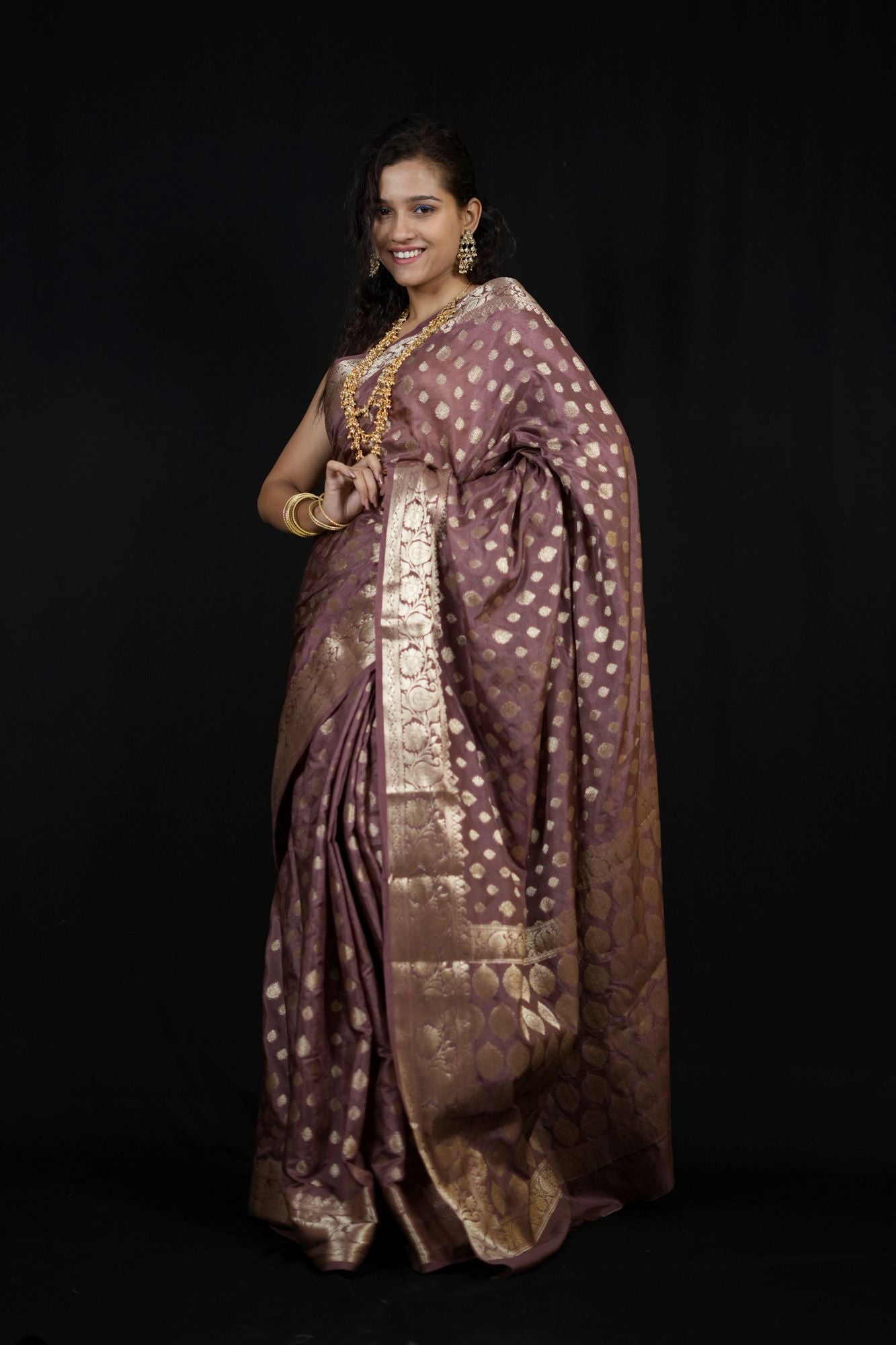 Dusty Rose Georgette Silk with All-Over Zari Motifs and Ornate Pallu Ready To Wear Saree