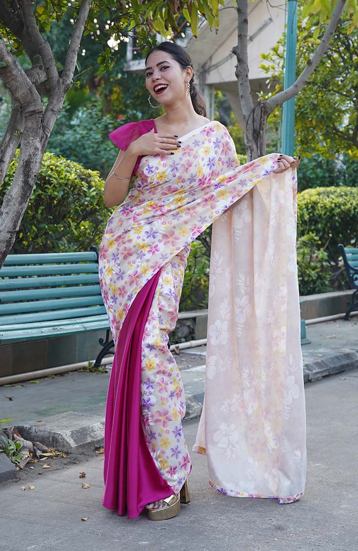 Gorgeous shimmery sequins woven with floral print pallu with satin half and half wrap in 1 minute saree