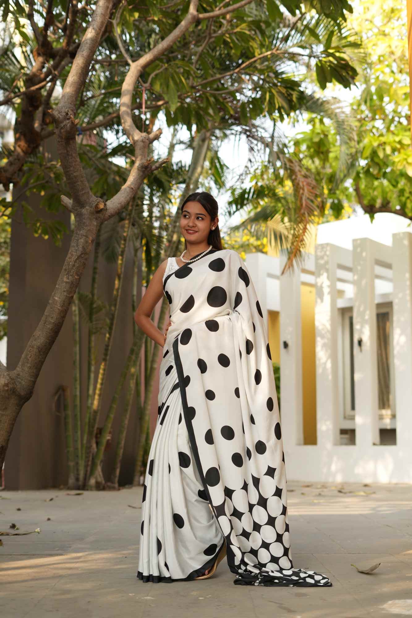 Elegant Polka Dot Printed soft crepe & solid border  1 Minute Saree.