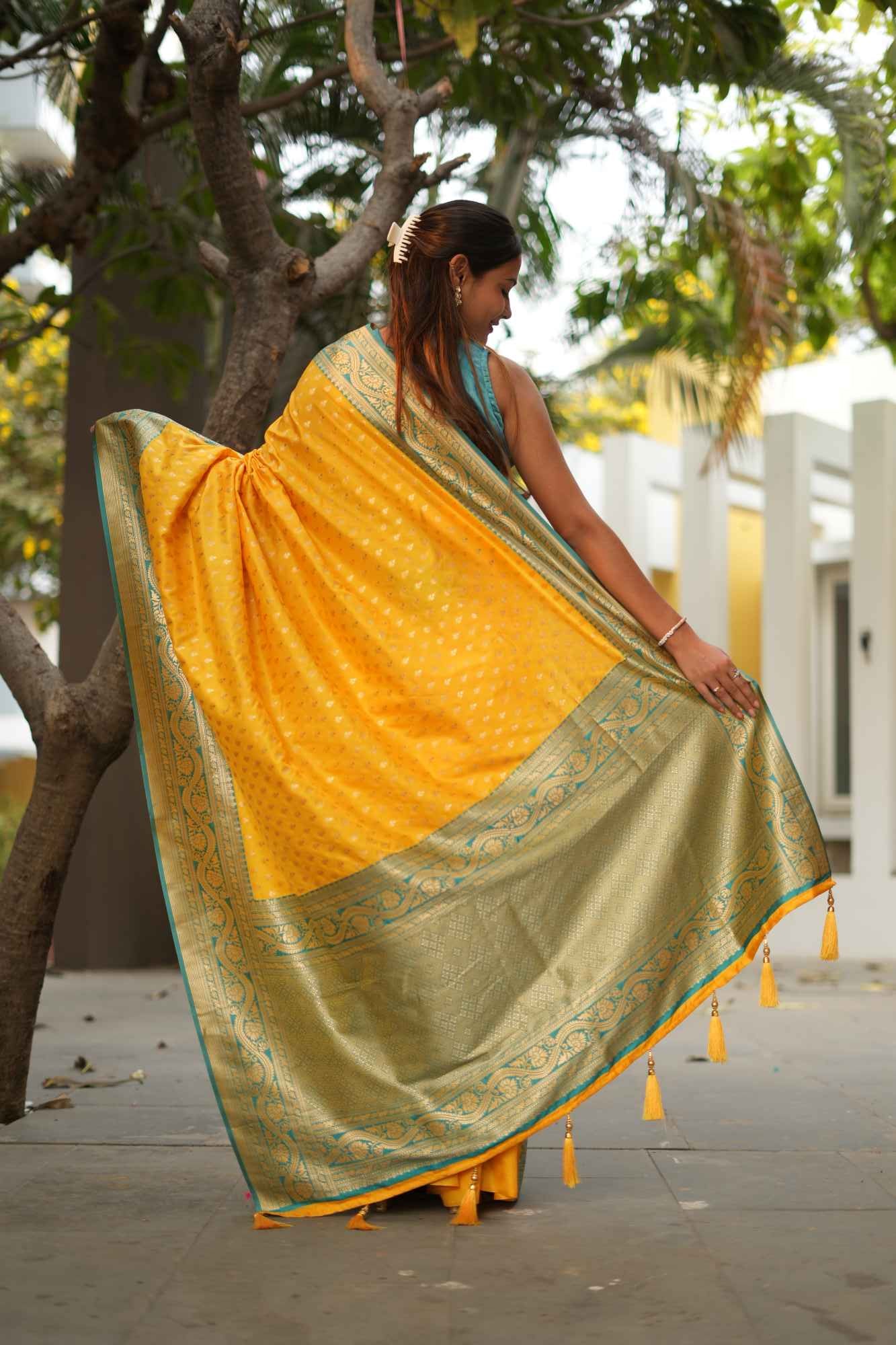 Banarasi peeli dhoop chandan predraped ready one minute saree