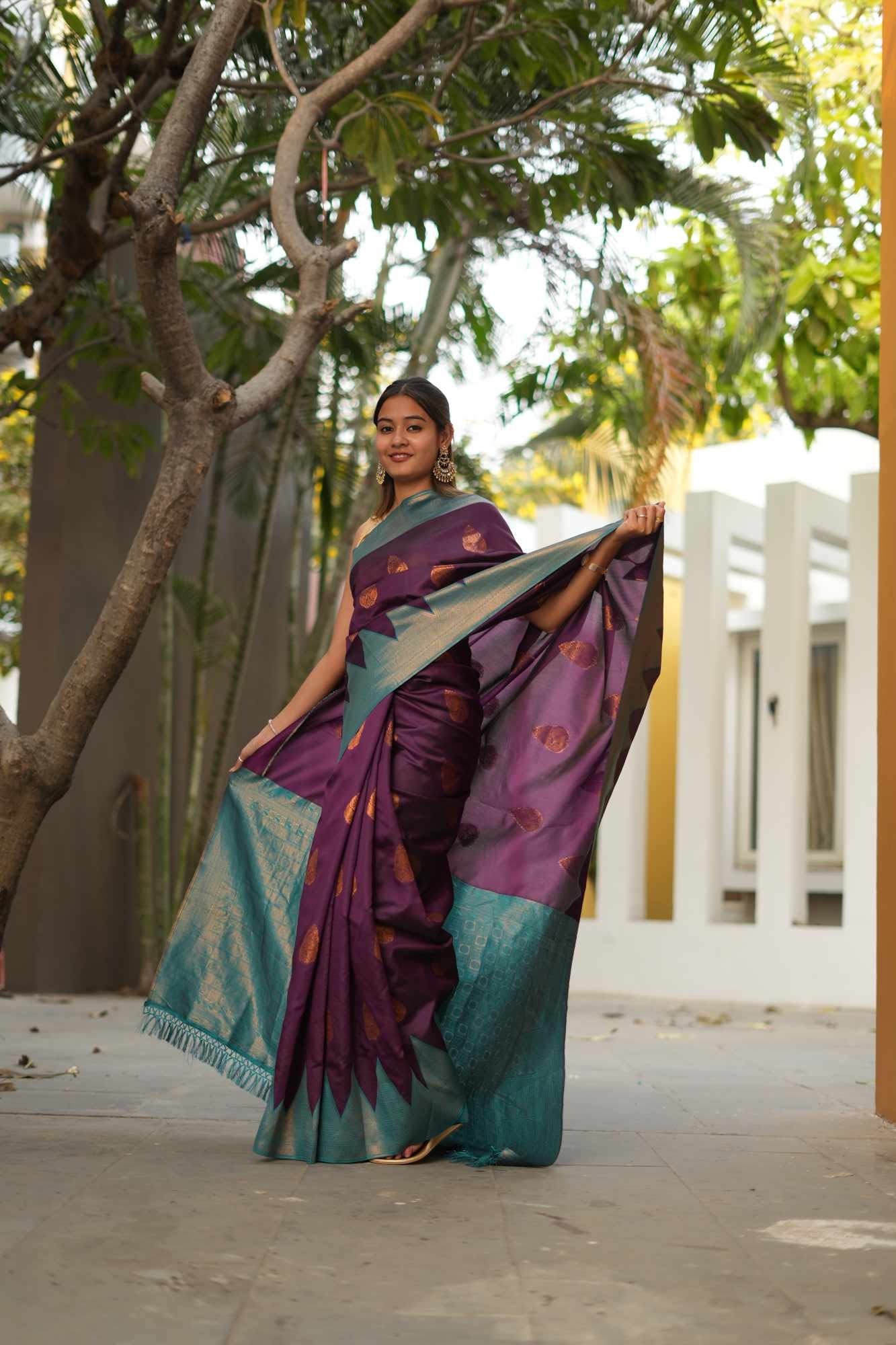 Banarasi inspired with Elegant Temple Border & Overall Butta Woven Ready To Wear Saree