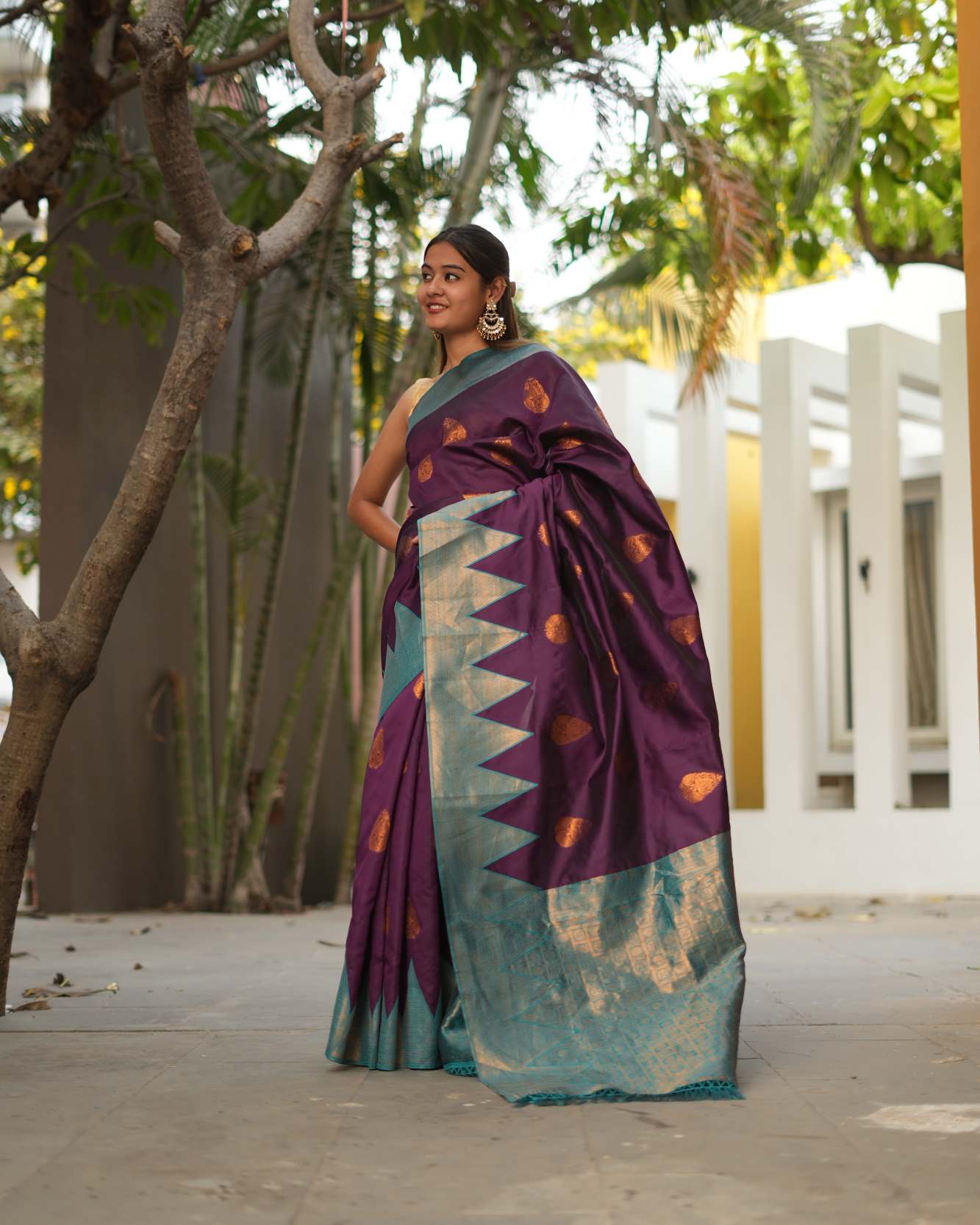 Banarasi inspired with Elegant Temple Border & Overall Butta Woven Ready To Wear Saree