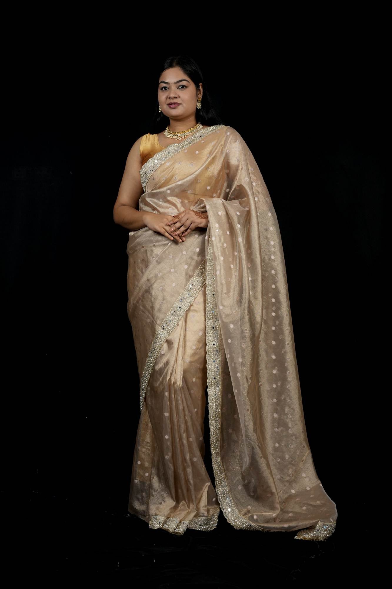Golden Tissue Silk with Zari-Embroidered Border Ready To Wear Saree