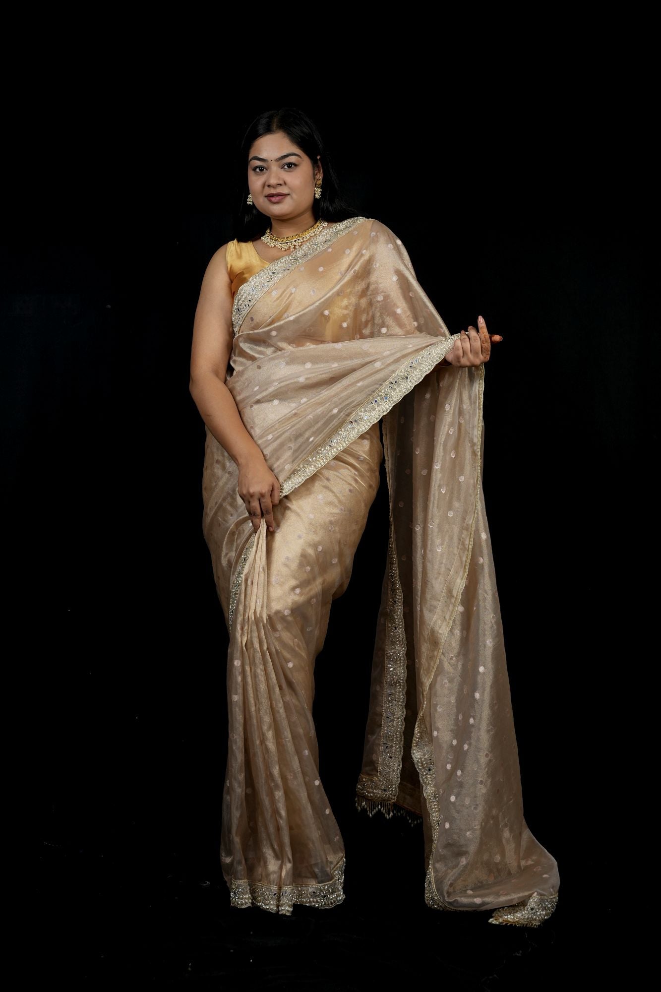 Golden Tissue Silk with Zari-Embroidered Border Ready To Wear Saree